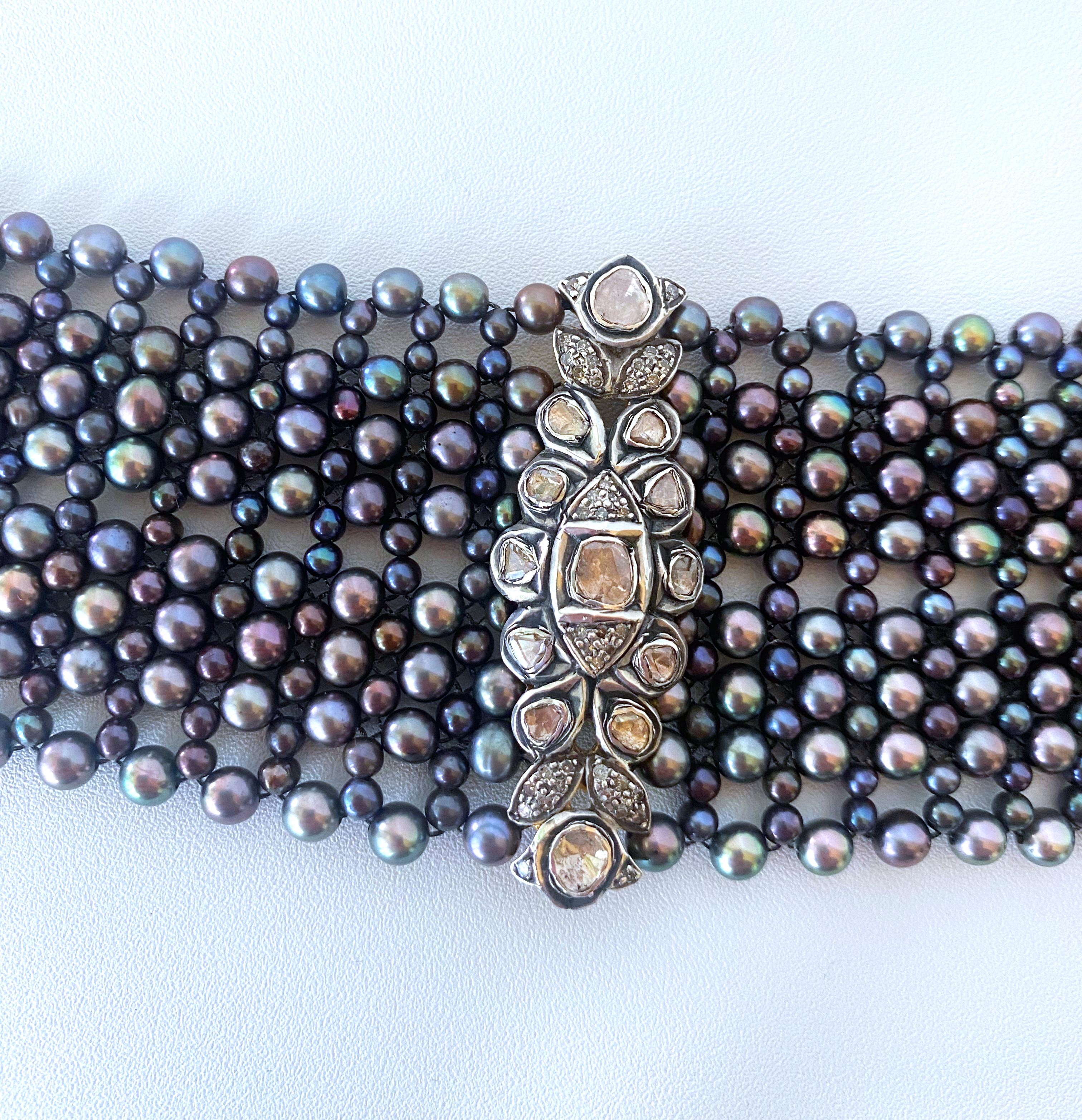 Marina J. Woven Black Pearl Choker with Vintage Raw Diamond Centerpiece In New Condition In Los Angeles, CA
