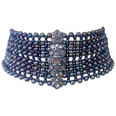 Marina J. Woven Black Pearl Choker with Vintage Raw Diamond Centerpiece