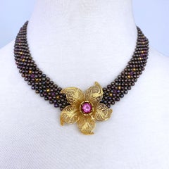 Marina J. Woven Black Pearl Necklace with Pink Topaz & Golden Floral Centerpiece