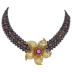 Marina J. Woven Black Pearl Necklace with Pink Topaz & Golden Floral Centerpiece