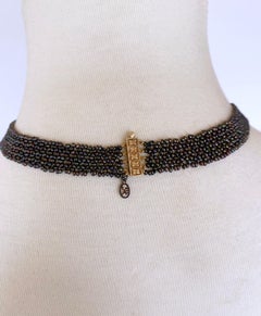 Marina J Woven Black Seed Pearl "V" Necklace with 14K Yellow Gold Clasp & Brooch