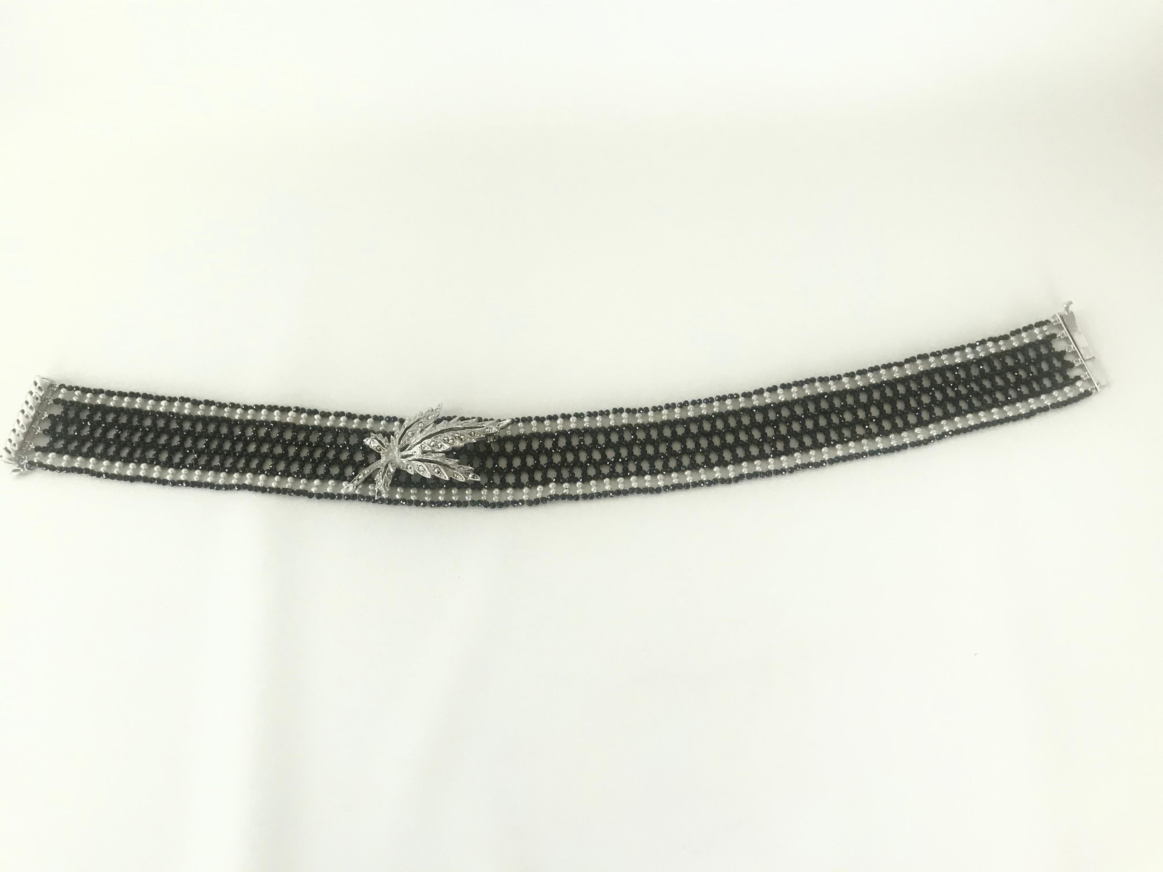 Marina J Woven Black Spinel &White Pearl Choker, Rhodium Plated Silver Pin, Clasp 5