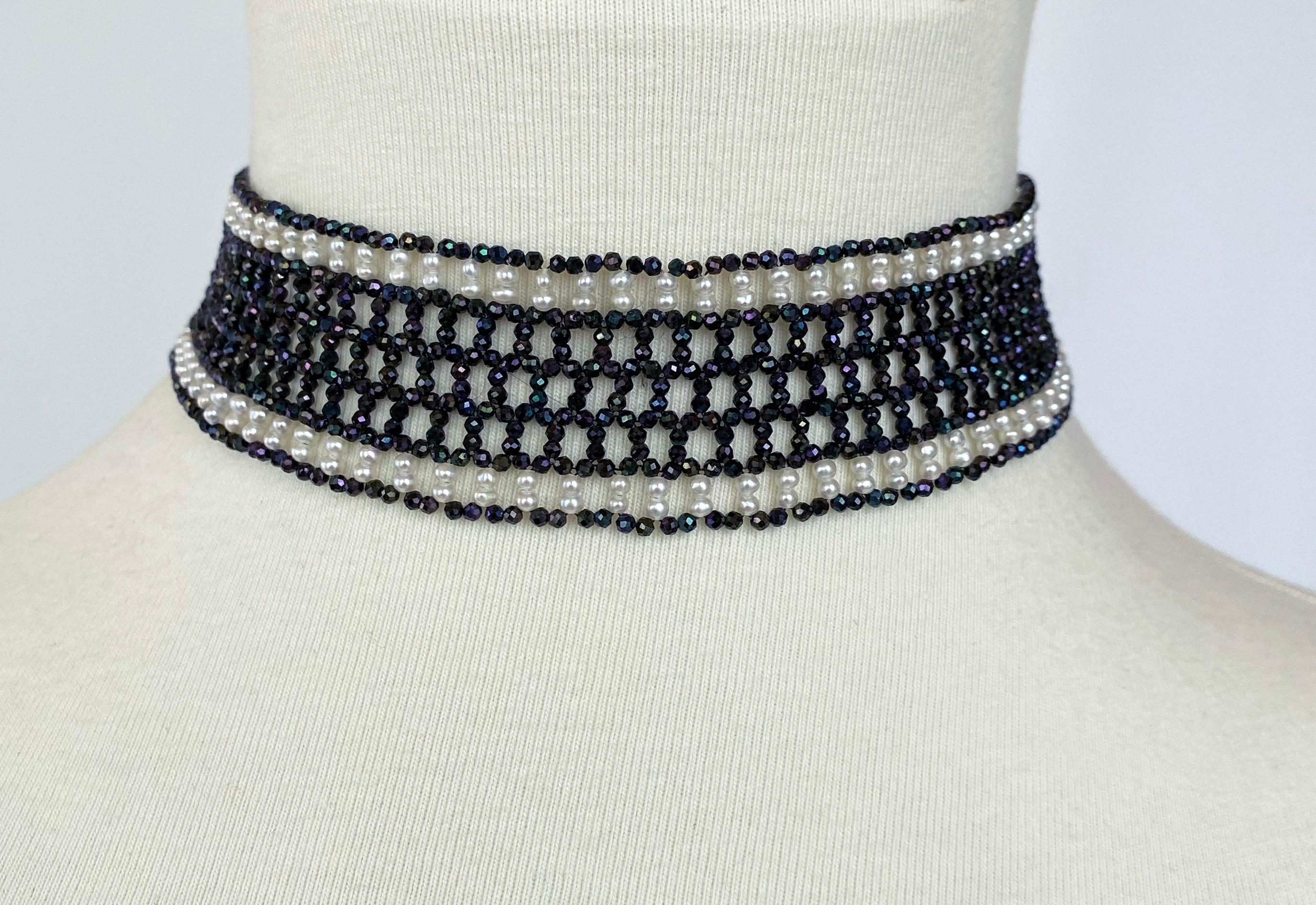 Marina J Woven Black Spinel &White Pearl Choker, Rhodium Plated Silver Pin, Clasp 2