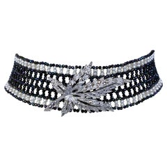 Marina J Woven Black Spinel &White Pearl Choker, Rhodium Plated Silver Pin,Clasp