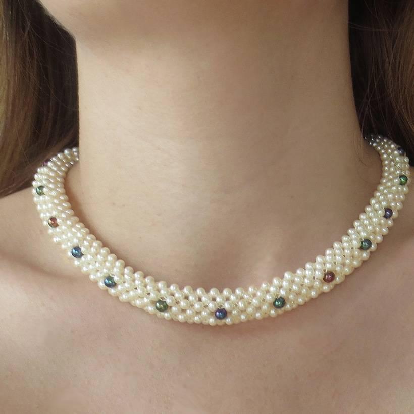 Marina J. Collier en corde de perles tissées avec accents de perles noires et or jaune 14 carats 3