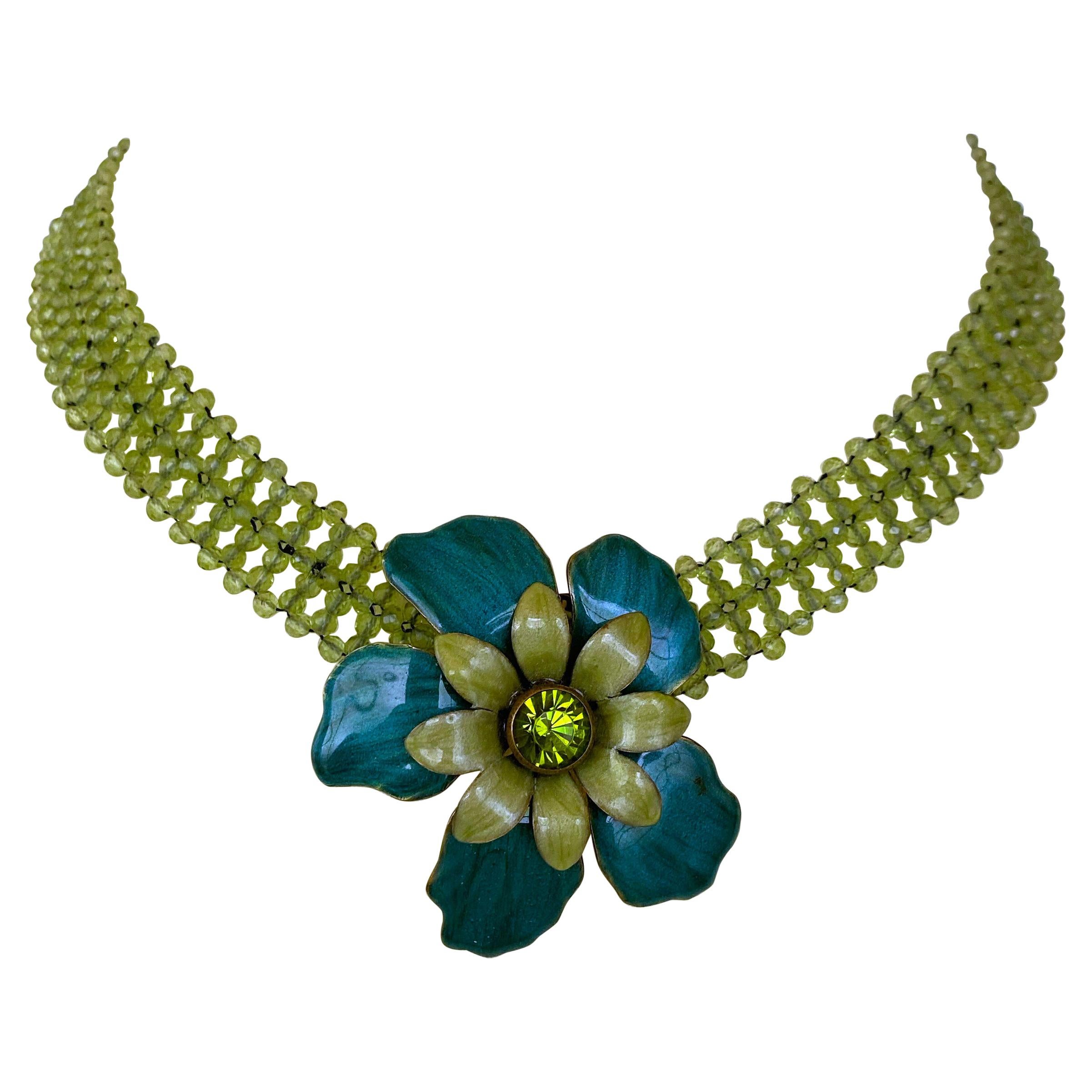 Marina J Woven Faceted Peridot Necklace with 14 K Yellow Gold Sliding Clasp