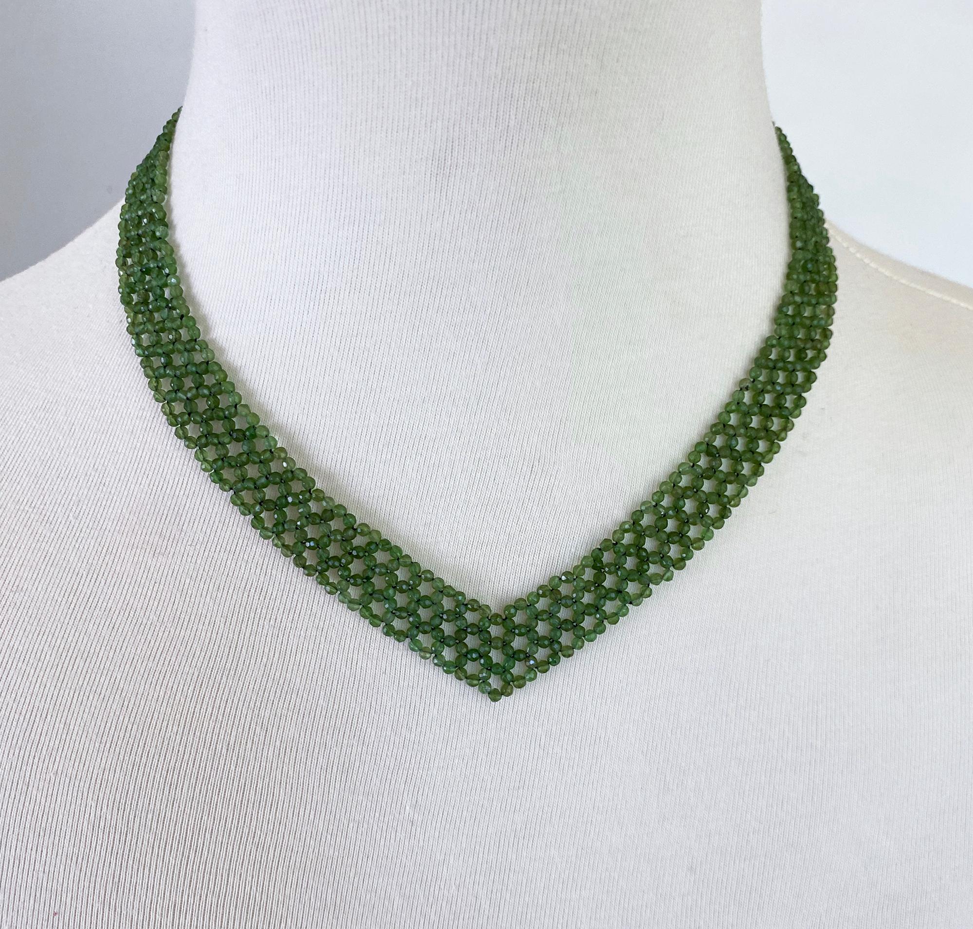 Bead Marina J Woven Green Kyanite V Necklace with solid 14k Yellow Gold Clasp