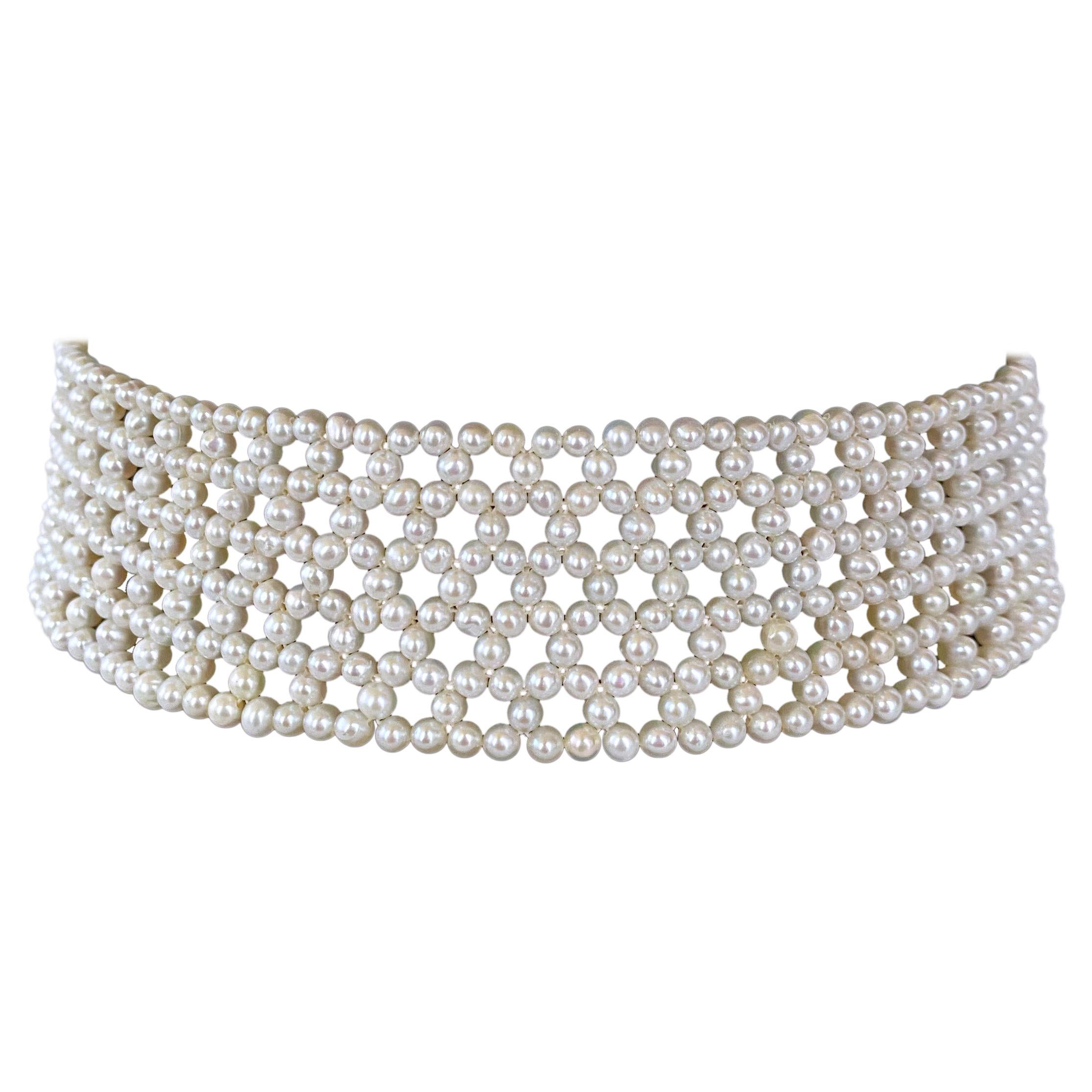 Marina J. Woven Lace Pearl Choker with Rhodium Plated Silver Clasp For Sale
