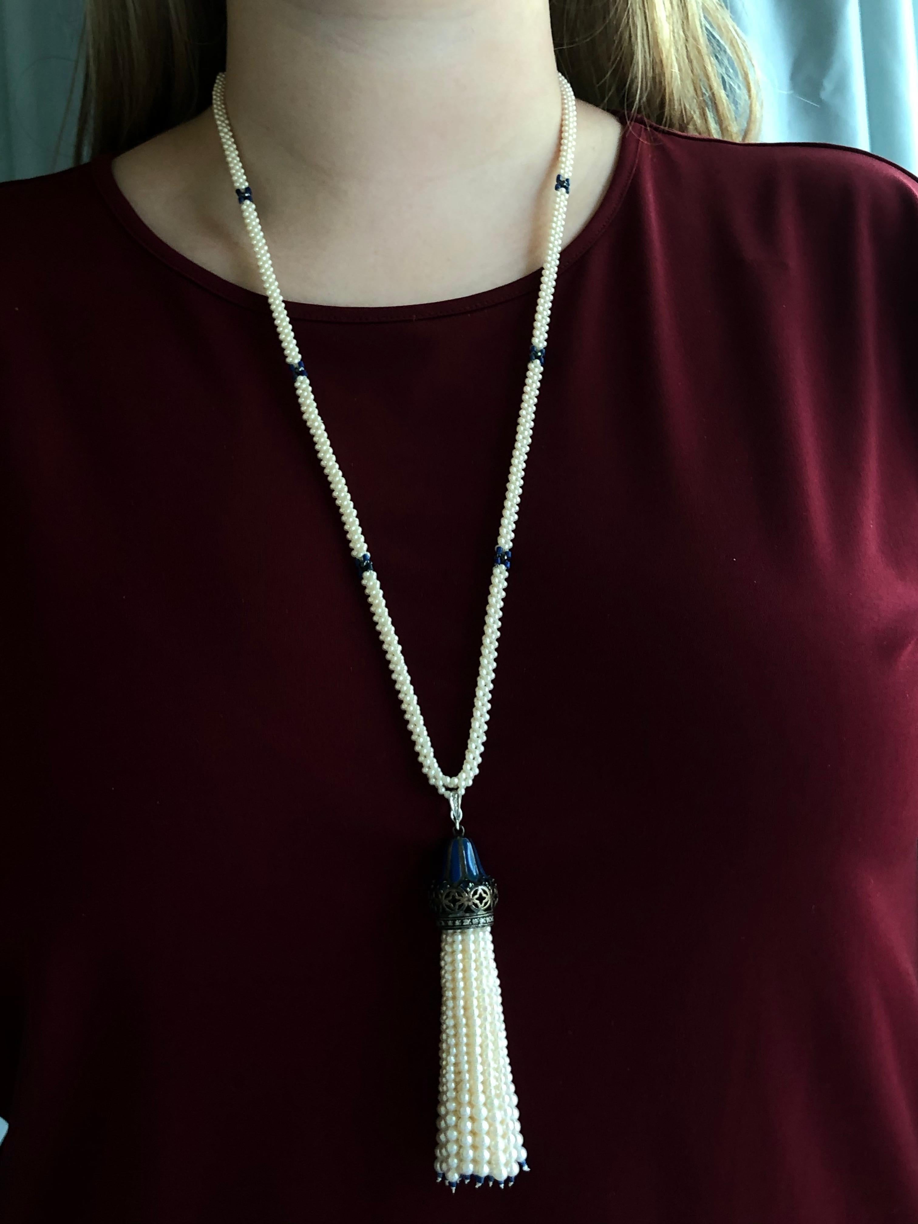 Marina J  Woven Long Pearl Necklace with Hand made Graduated Tassle with Enamel  2