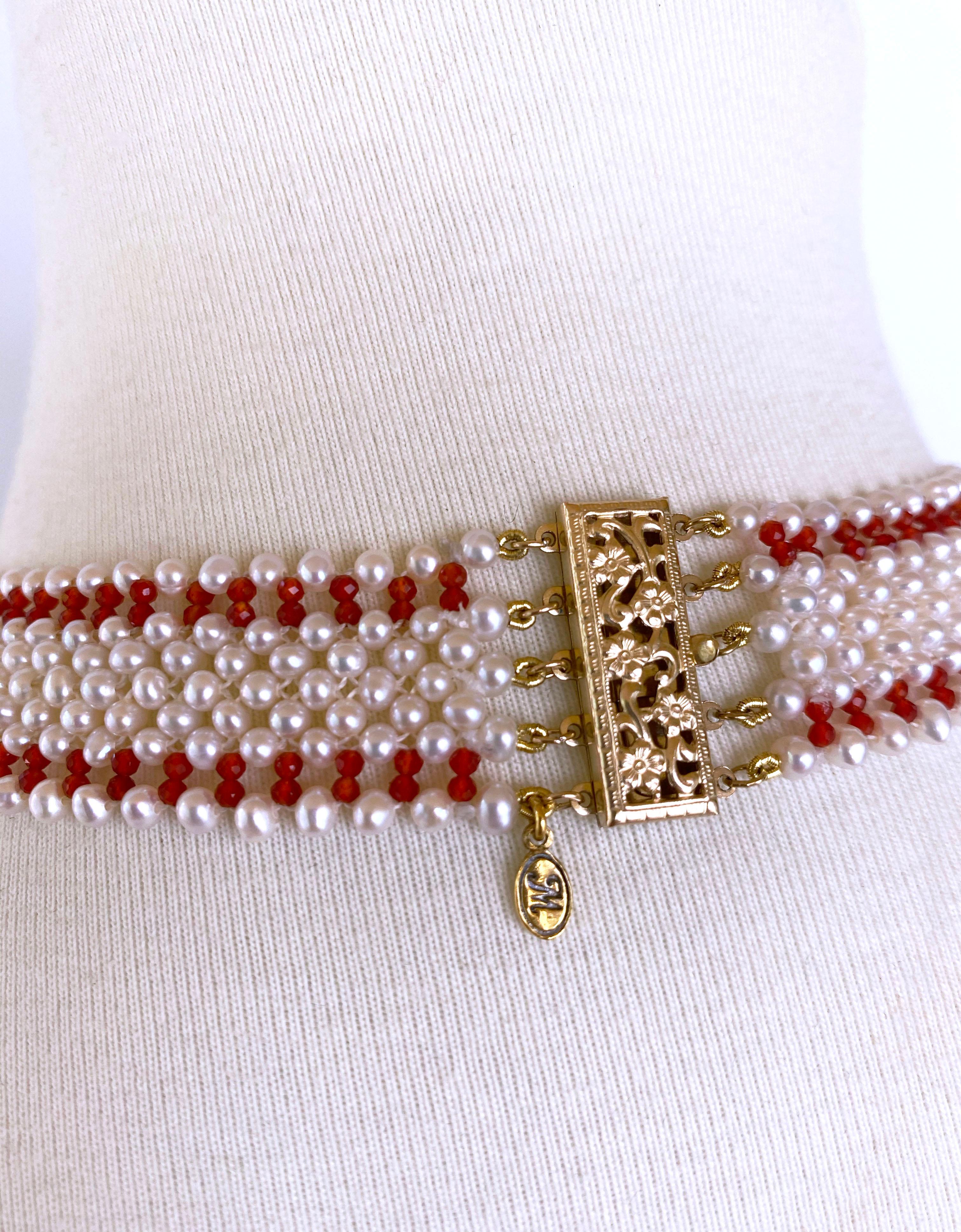 Artisan Marina J. Woven Pearl and Carnelian Necklace with Mosaic Centerpiece and Coral