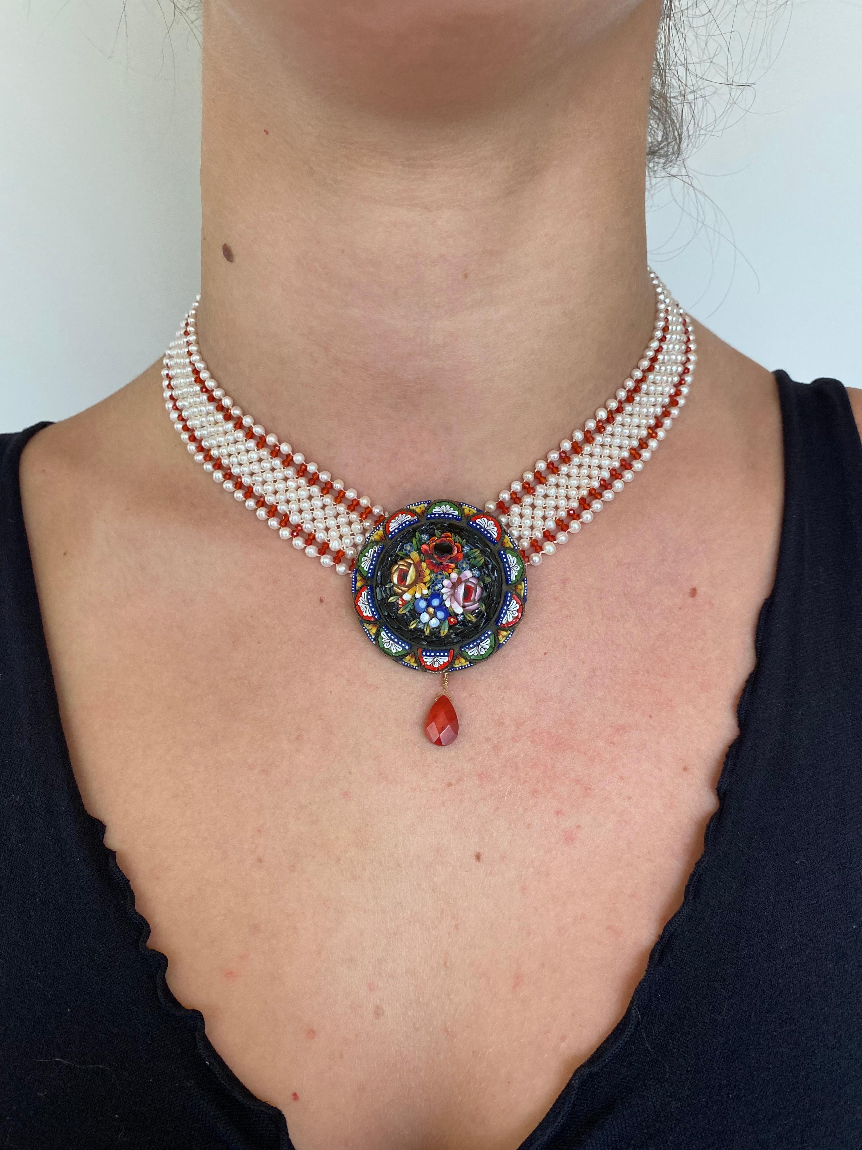 Bead Marina J. Woven Pearl and Carnelian Necklace with Mosaic Centerpiece and Coral
