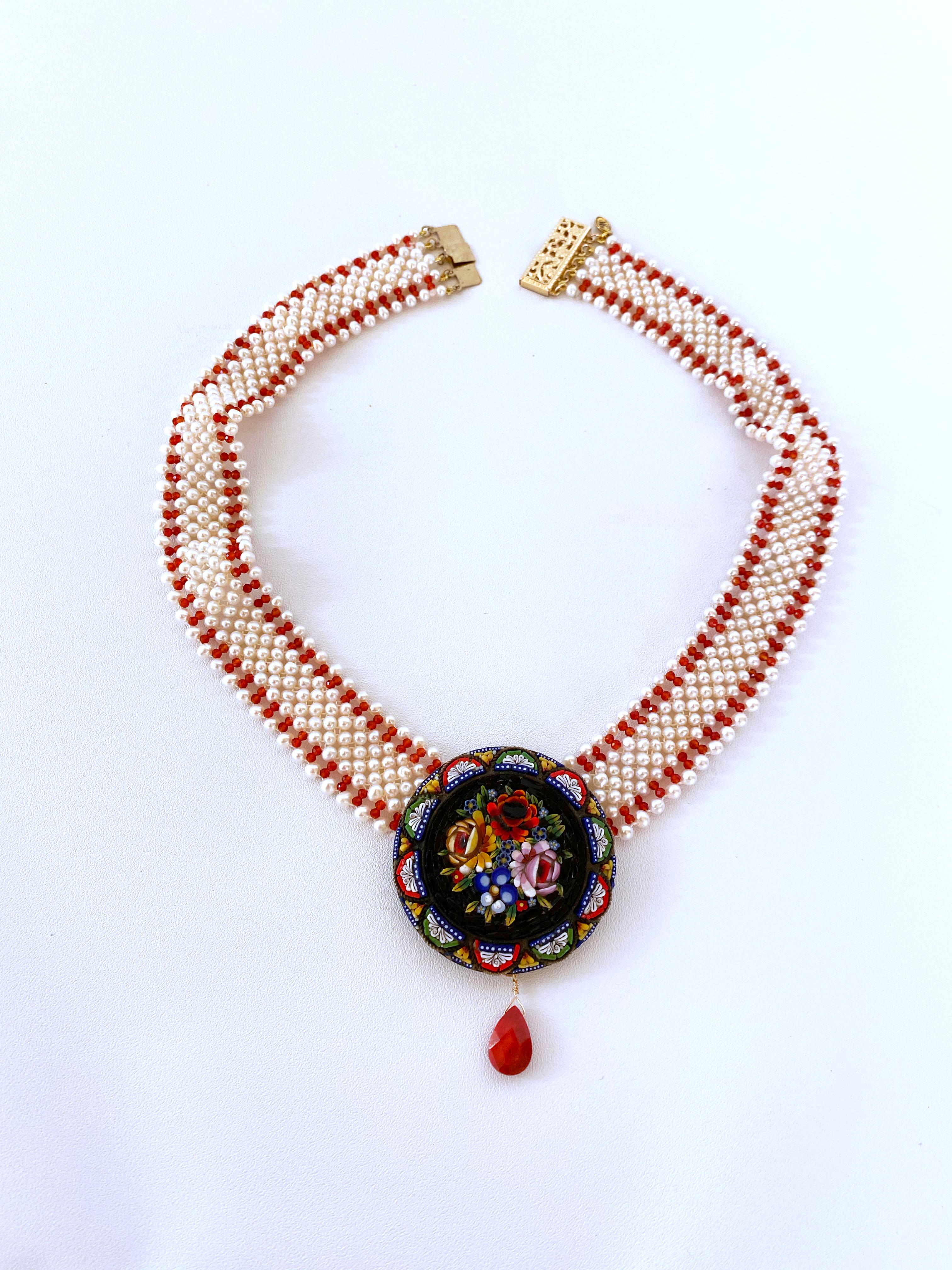 Marina J. Woven Pearl and Carnelian Necklace with Mosaic Centerpiece and Coral In New Condition In Los Angeles, CA