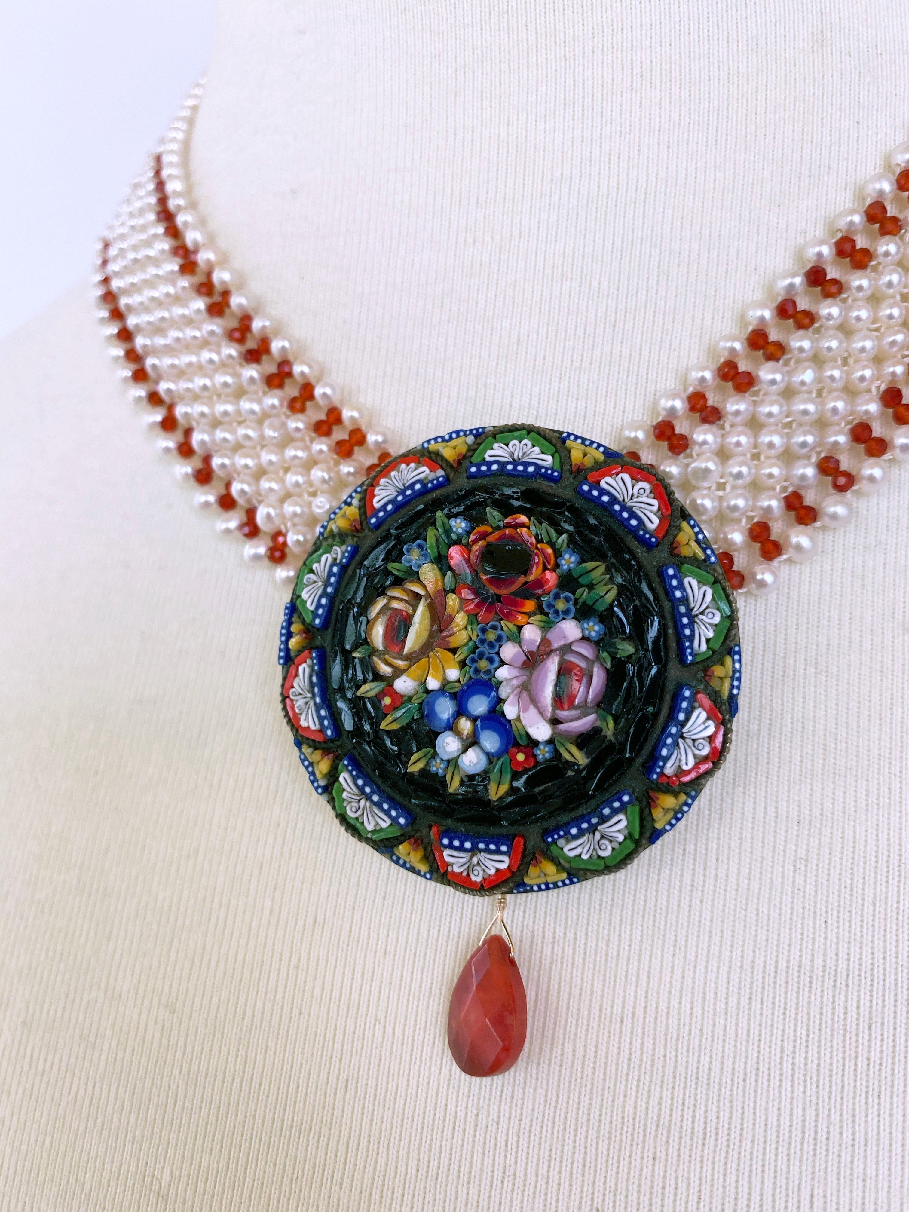 Women's or Men's Marina J. Woven Pearl and Carnelian Necklace with Mosaic Centerpiece and Coral