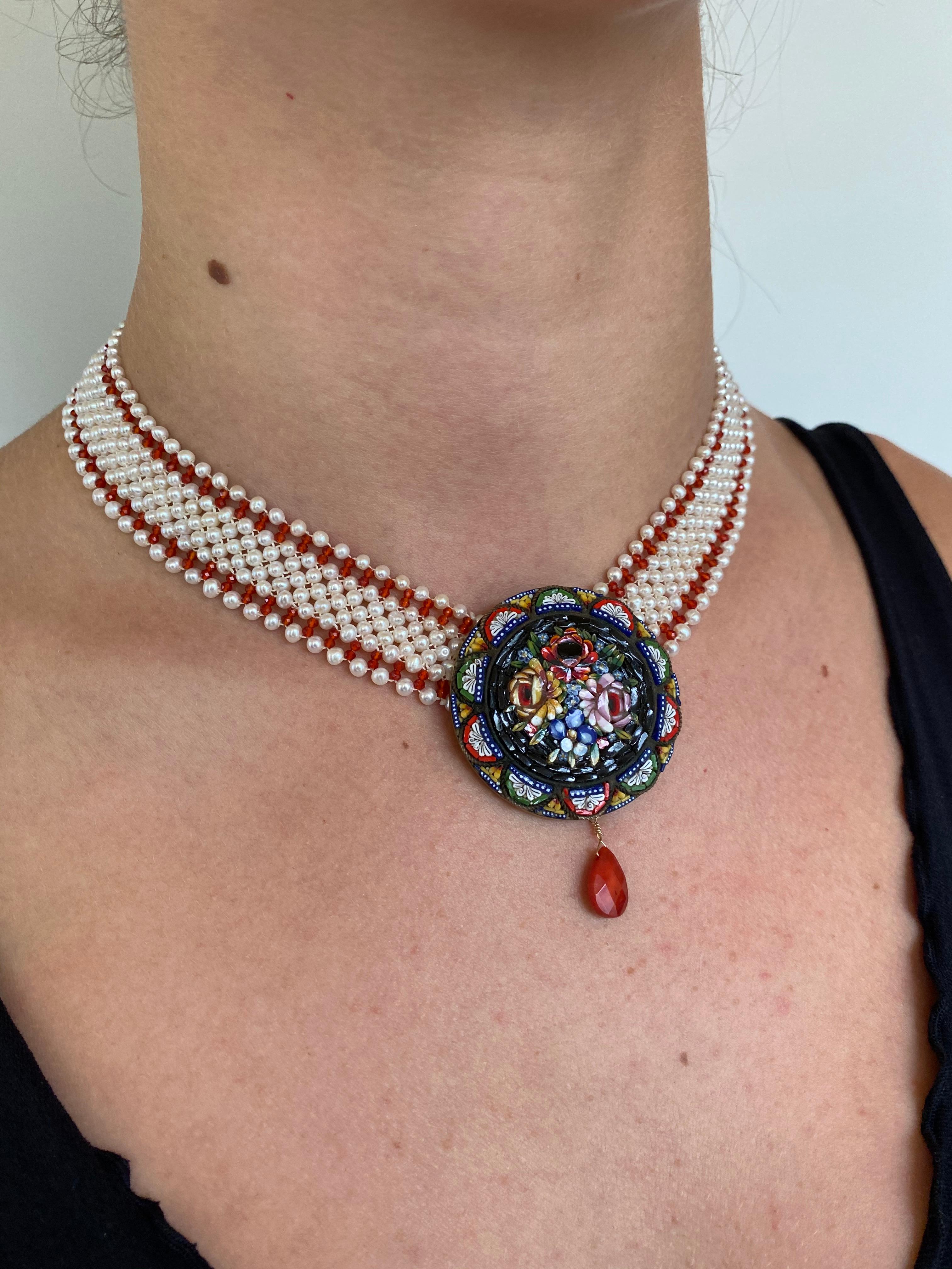 Marina J. Woven Pearl and Carnelian Necklace with Mosaic Centerpiece and Coral 2