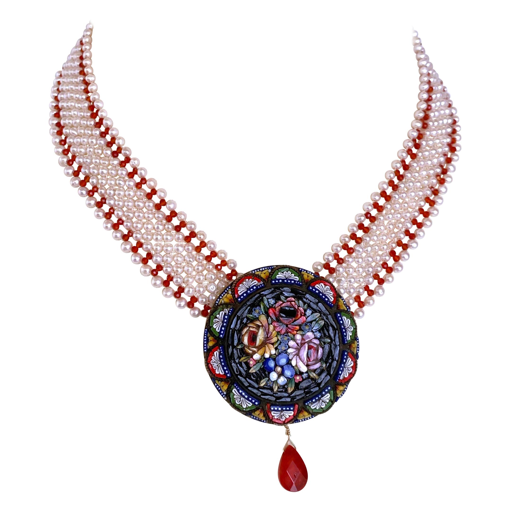 Marina J. Woven Pearl and Carnelian Necklace with Mosaic Centerpiece and Coral