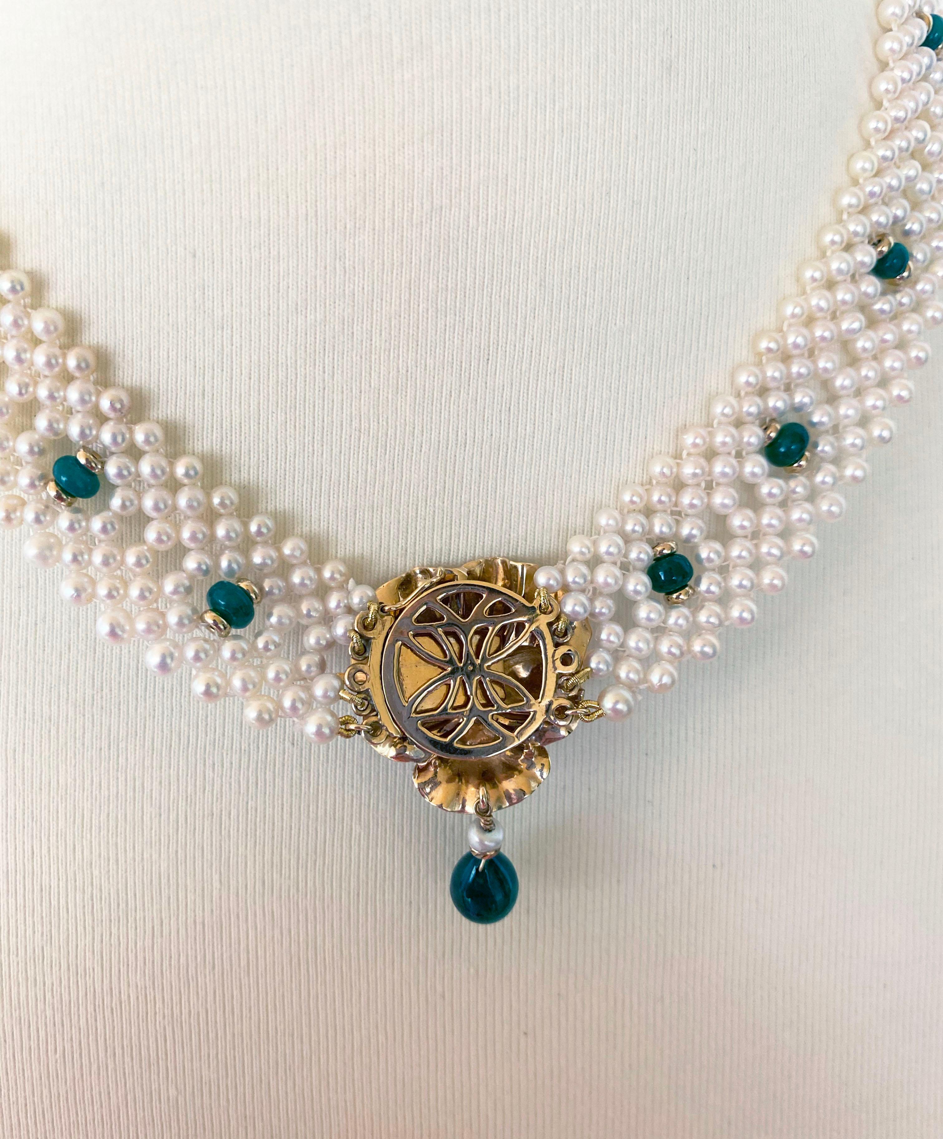 Artisan Marina J Woven Pearl and Emerald Necklace with Vintage Gold Centerpiece / Clasp