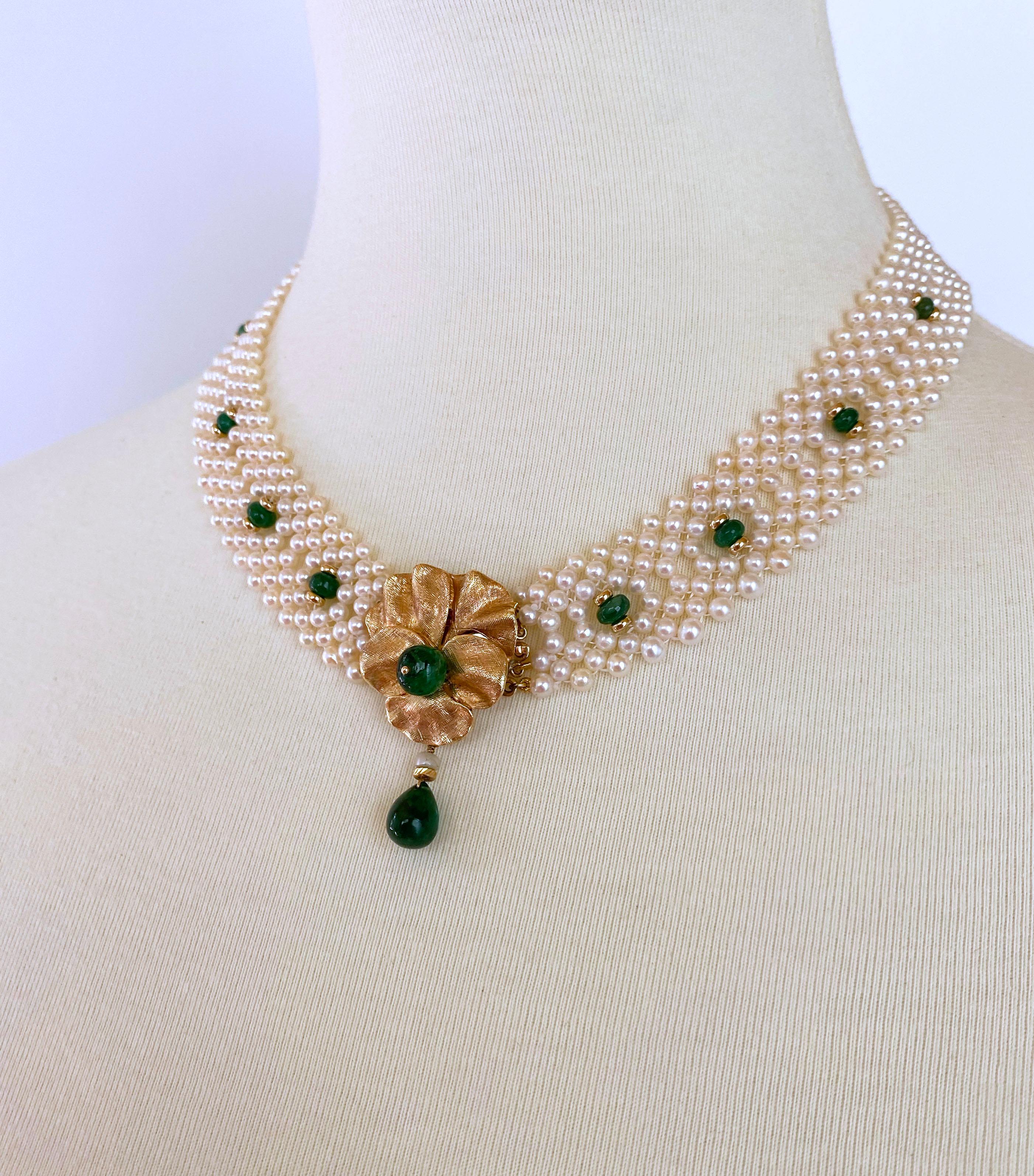 Bead Marina J Woven Pearl and Emerald Necklace with Vintage Gold Centerpiece / Clasp