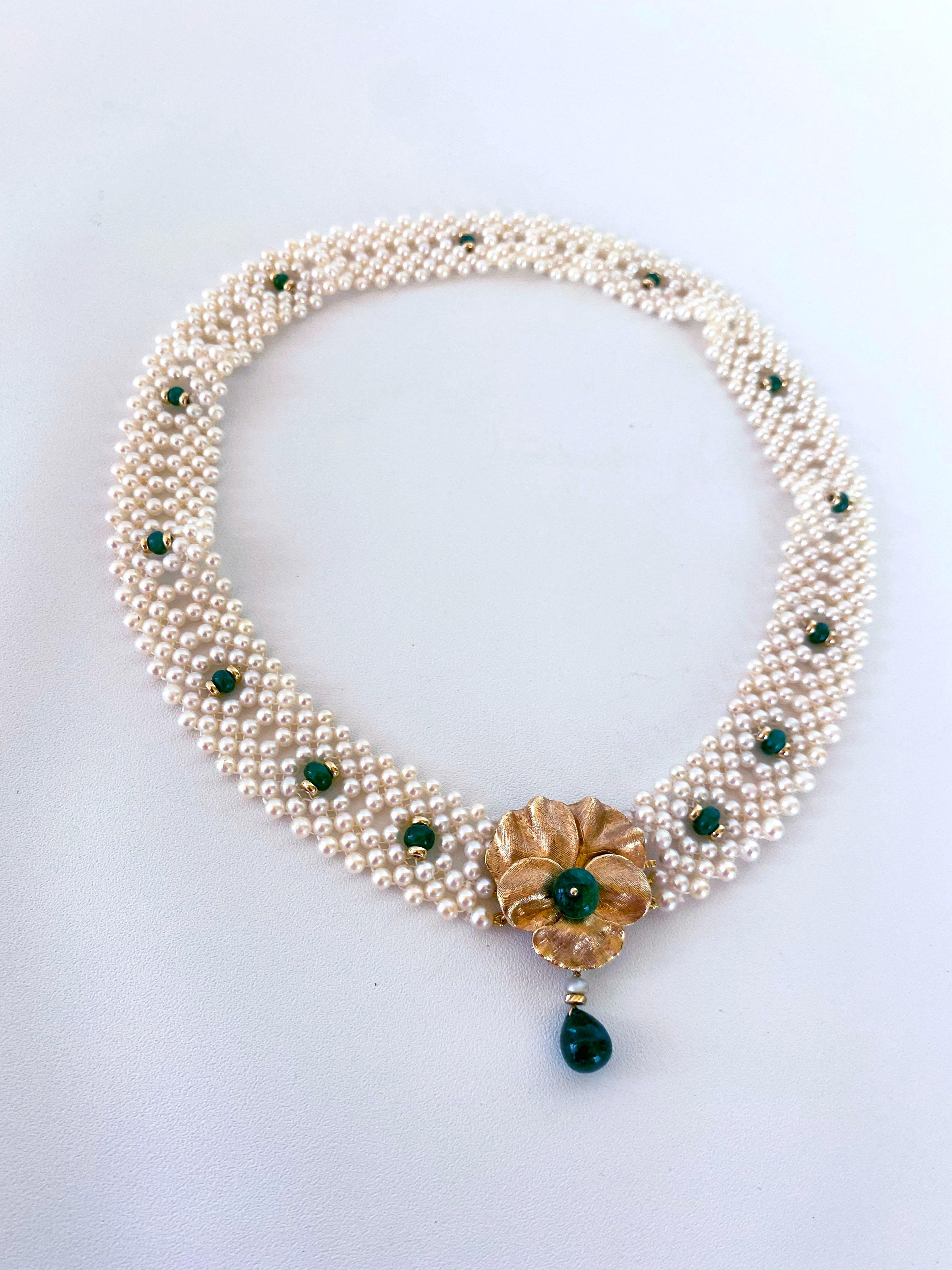 Marina J Woven Pearl and Emerald Necklace with Vintage Gold Centerpiece / Clasp In New Condition In Los Angeles, CA