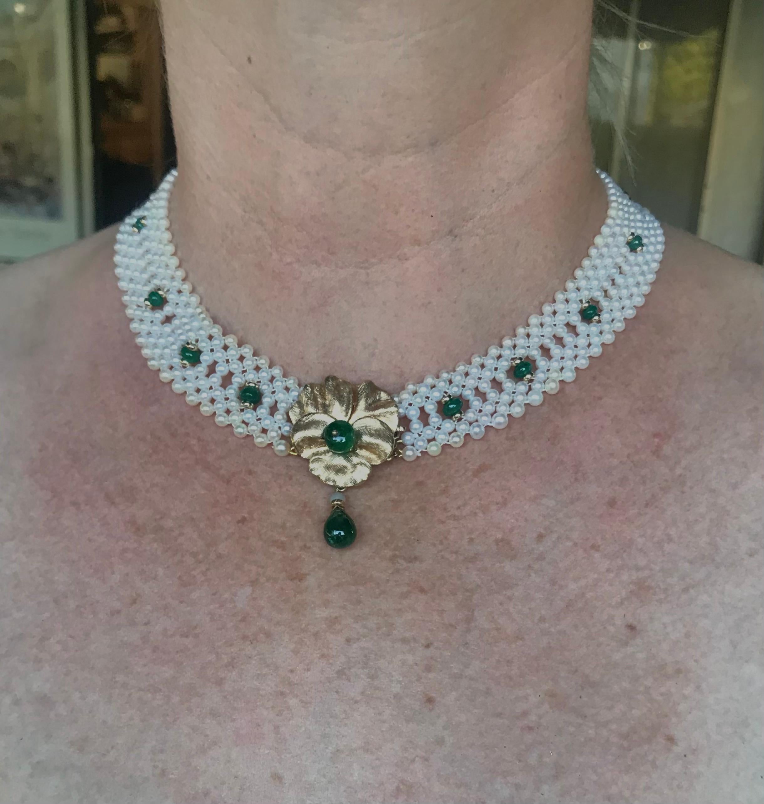 Women's Marina J Woven Pearl and Emerald Necklace with Vintage Gold Centerpiece / Clasp