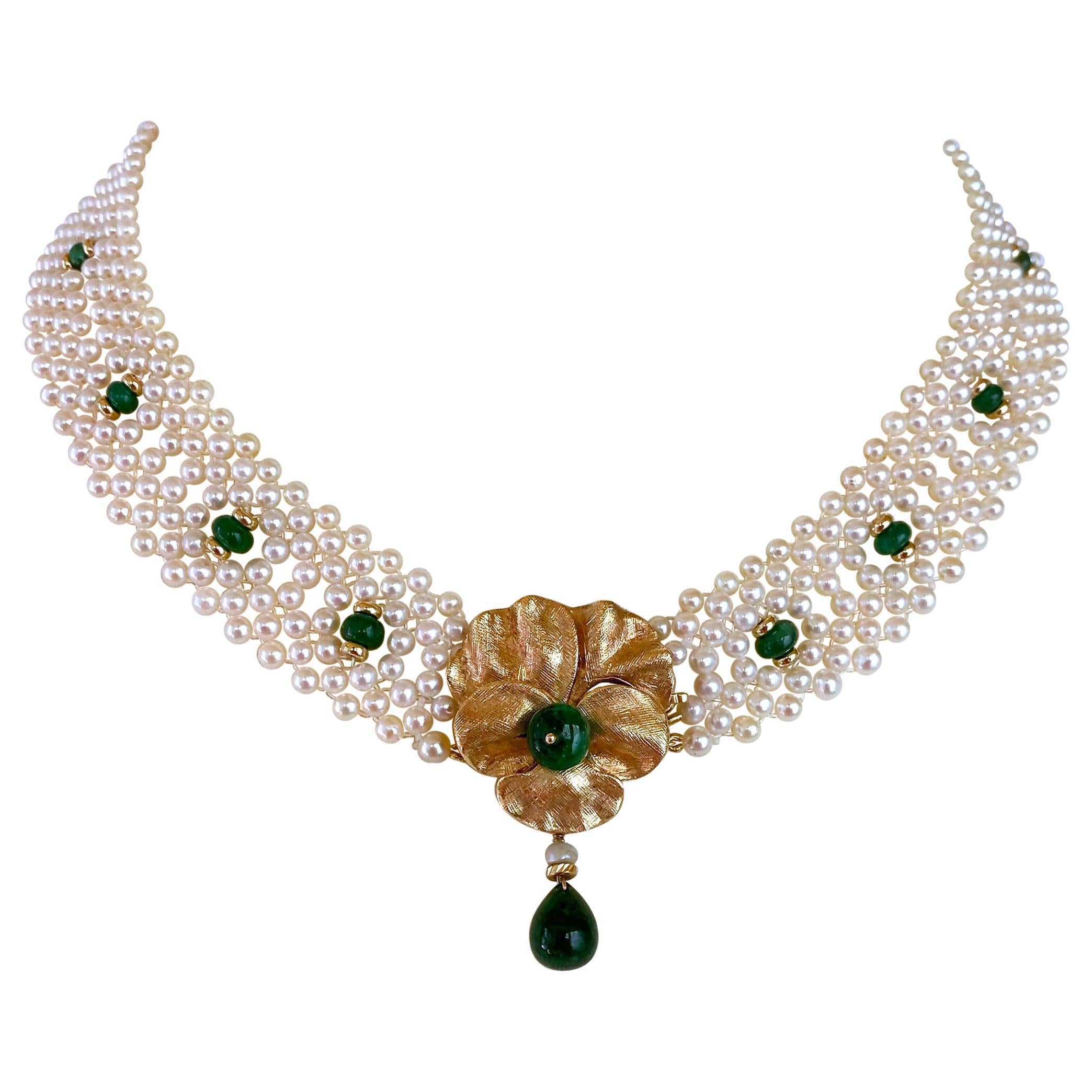 Marina J Woven Pearl and Emerald Necklace with Vintage Gold Centerpiece / Clasp