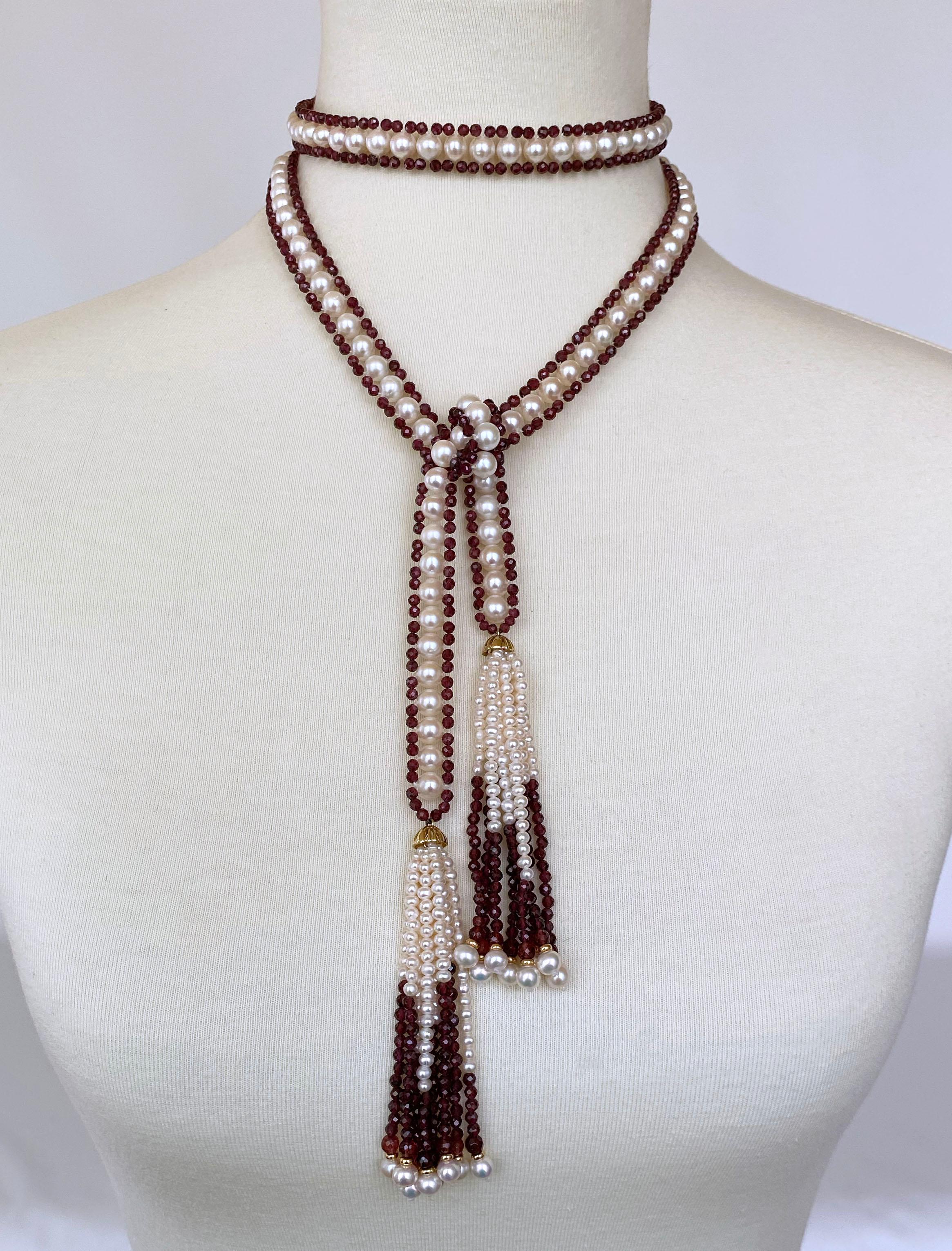Iconic Marina J. Woven Sautoir. This timeless Art Deco Inspired piece includes beautiful and high luster White Pearls, individually picked and woven together with perfectly faceted high shine Garnet beads. The Garnet displays a beautiful deep