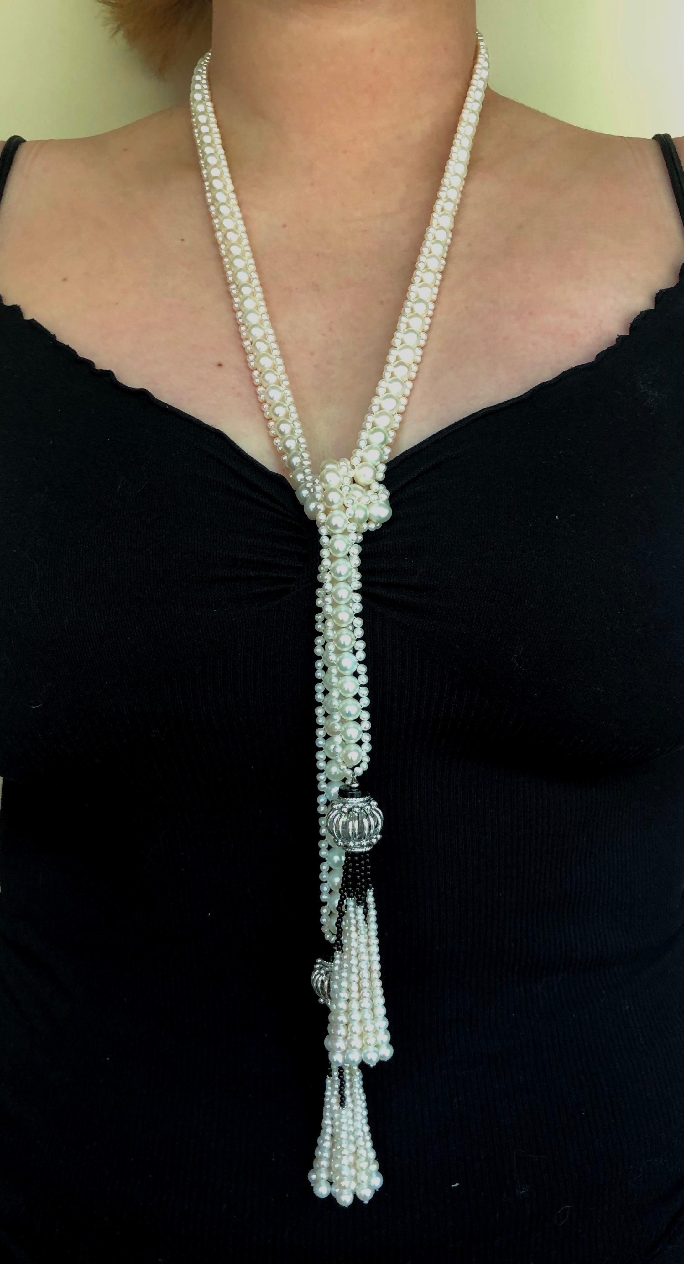 Women's Marina J Woven Pearl and Onyx Sautoir with Silver Bead, Spinel and Pearl Tassels