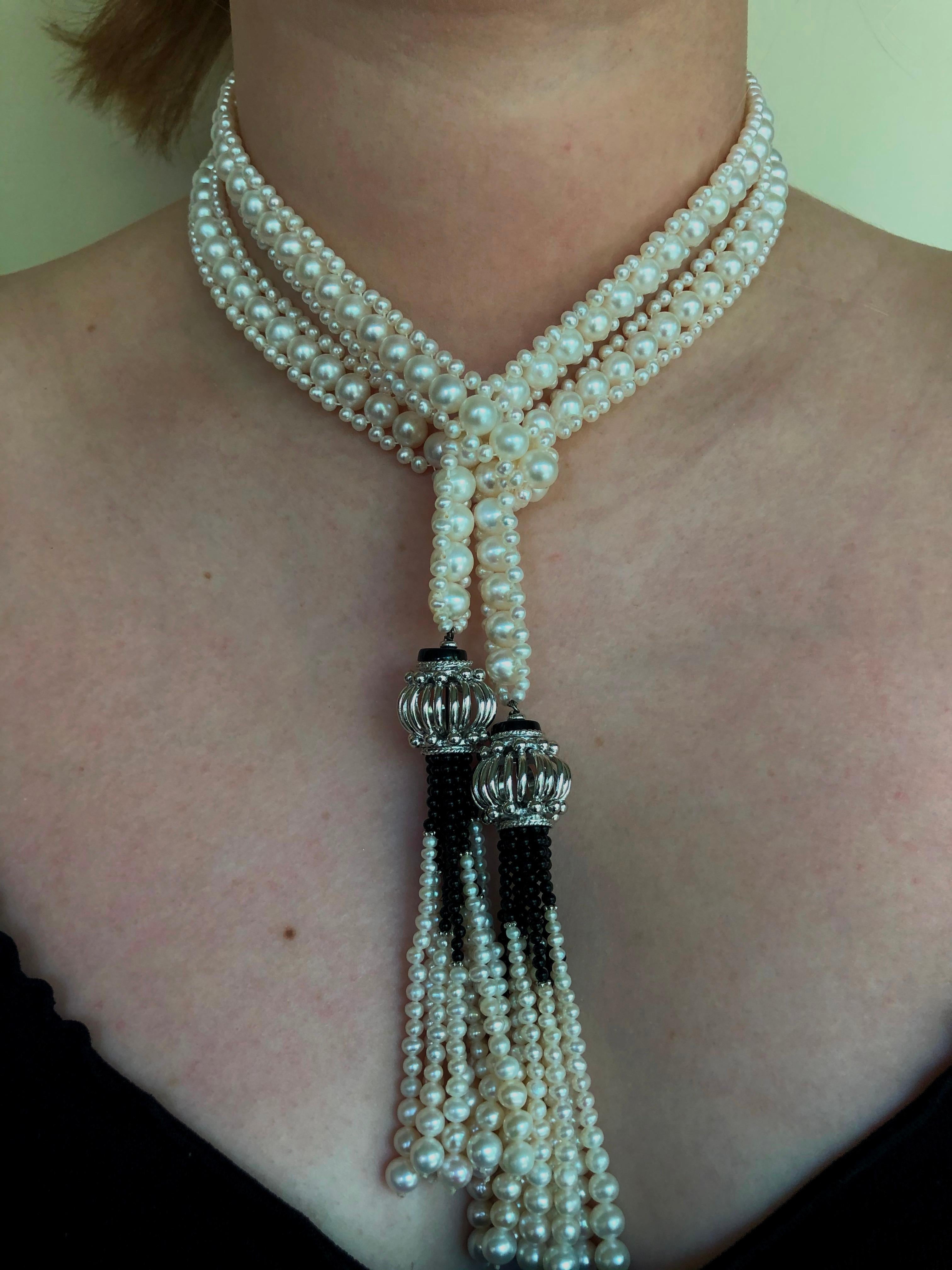 Marina J Woven Pearl and Onyx Sautoir with Silver Bead, Spinel and Pearl Tassels 3