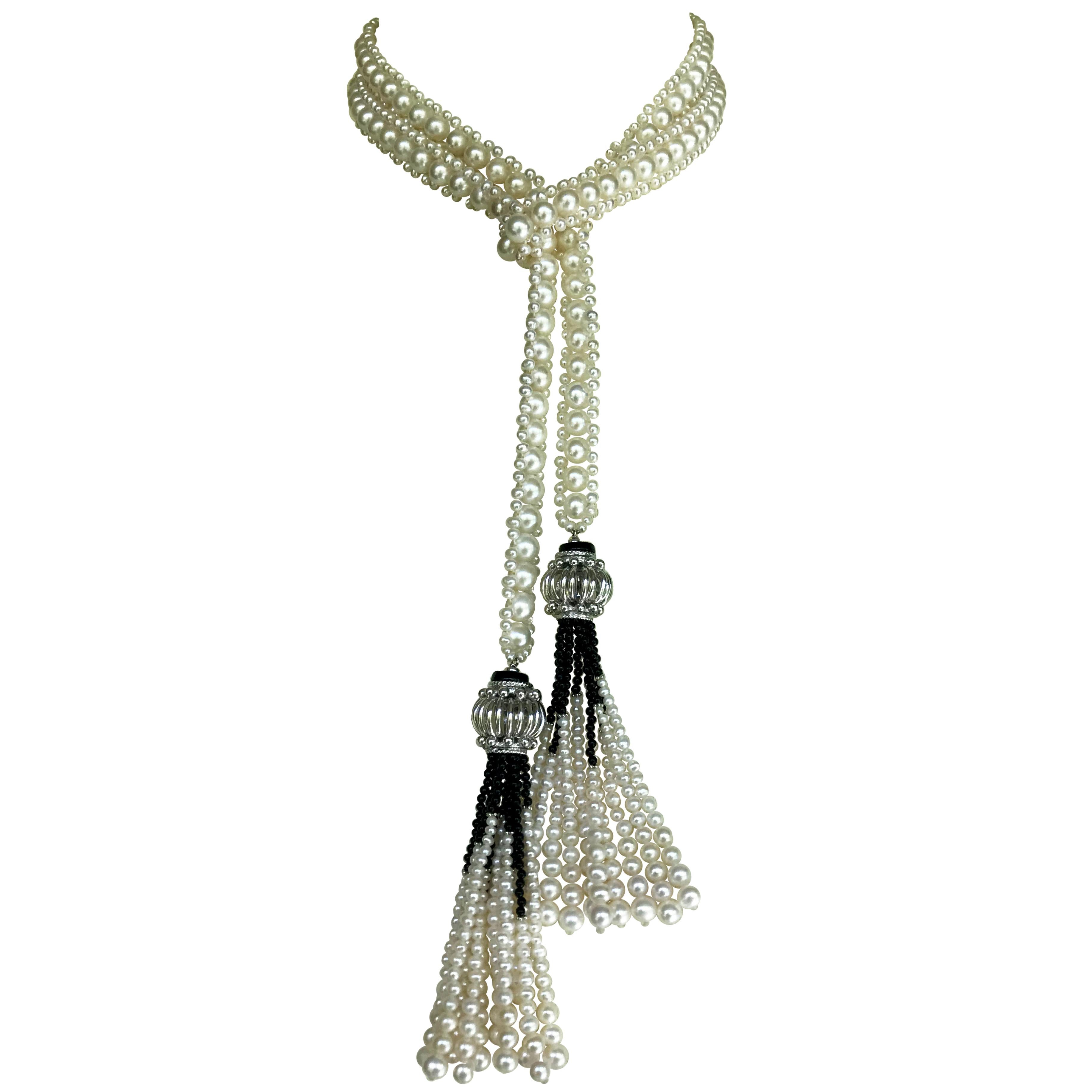 Marina J Woven Pearl and Onyx Sautoir with Silver Bead, Spinel and Pearl Tassels