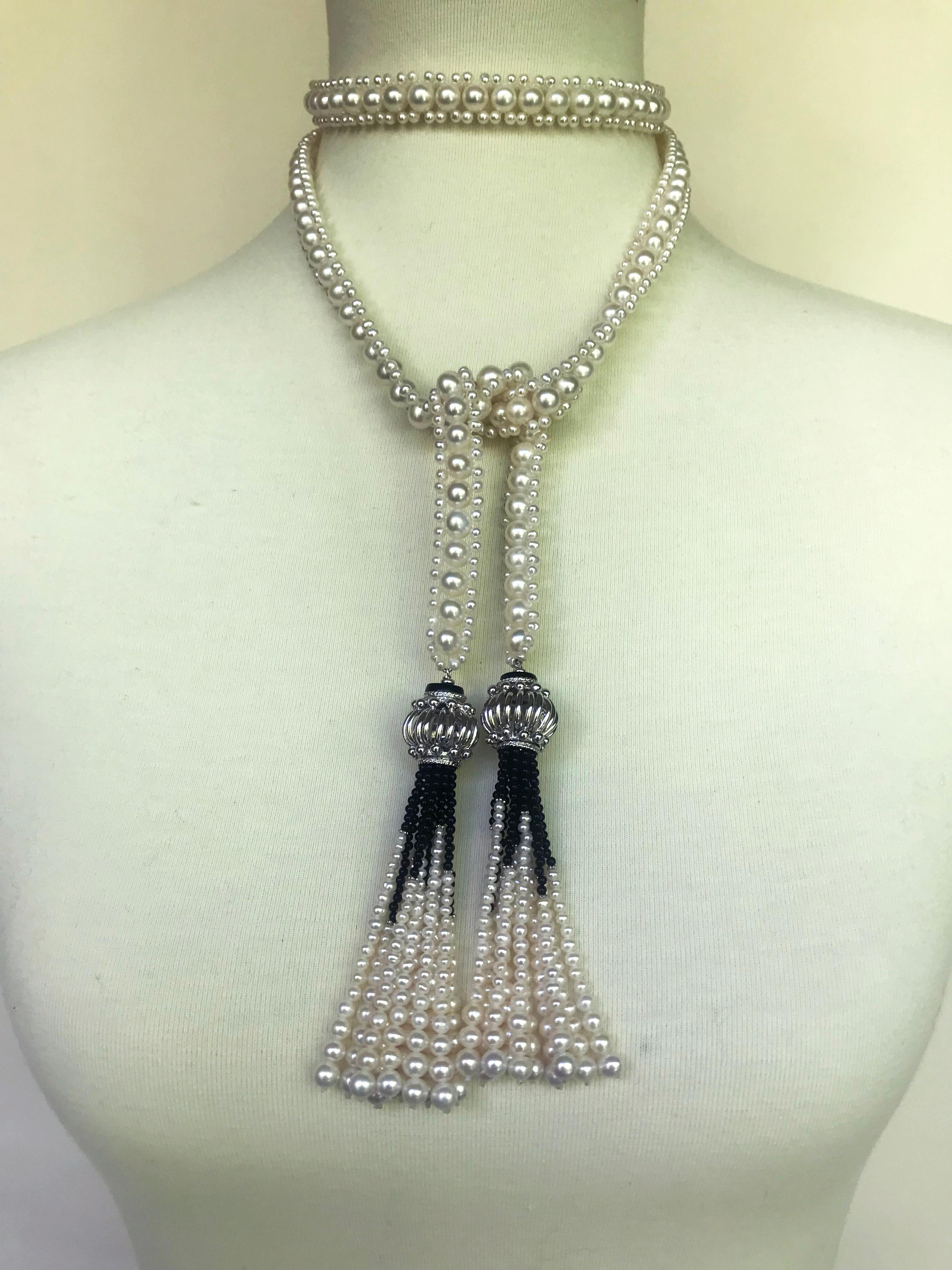 Artist Marina J Woven Pearl and Onyx Sautoir with Silver Bead, Spinel and Pearl Tassels