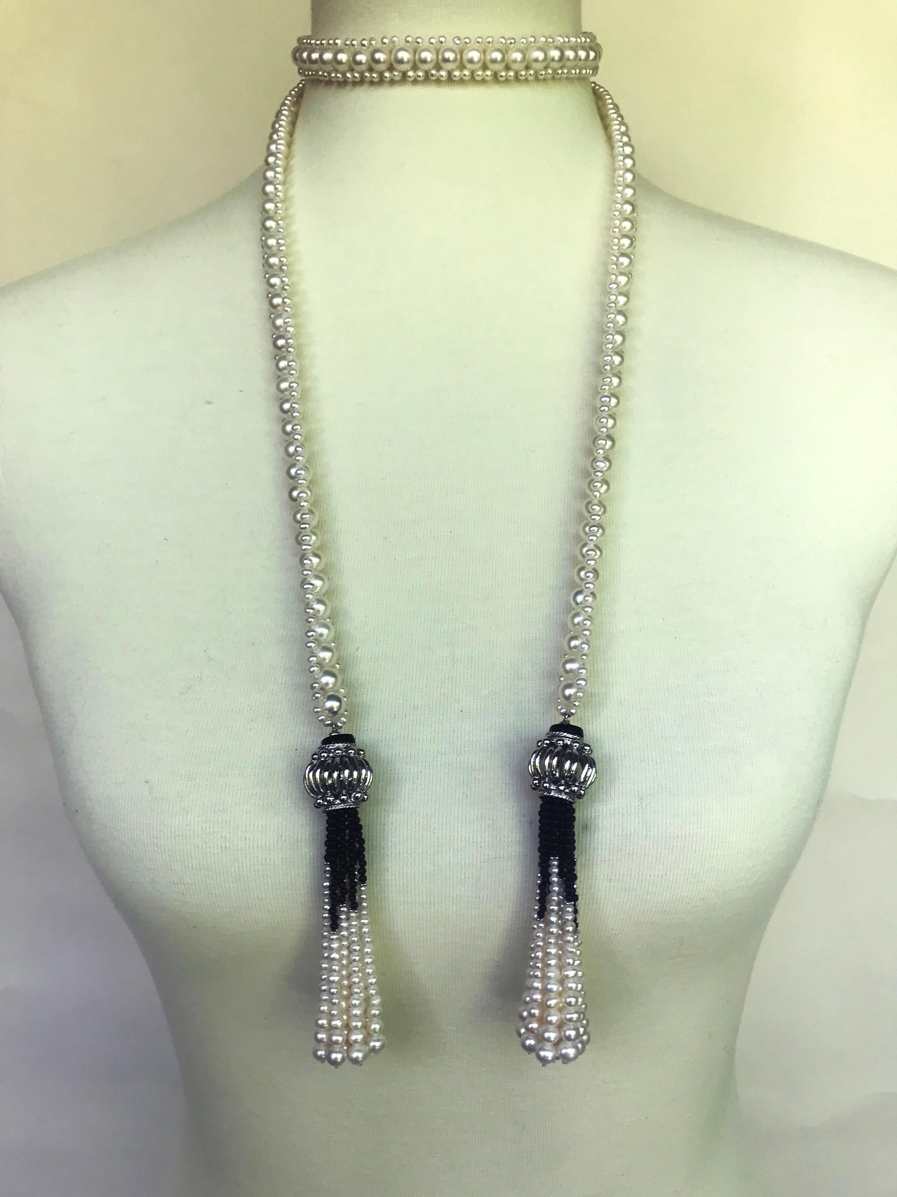 Marina J Woven Pearl and Onyx Sautoir with Silver Bead, Spinel and Pearl Tassels In New Condition In Los Angeles, CA