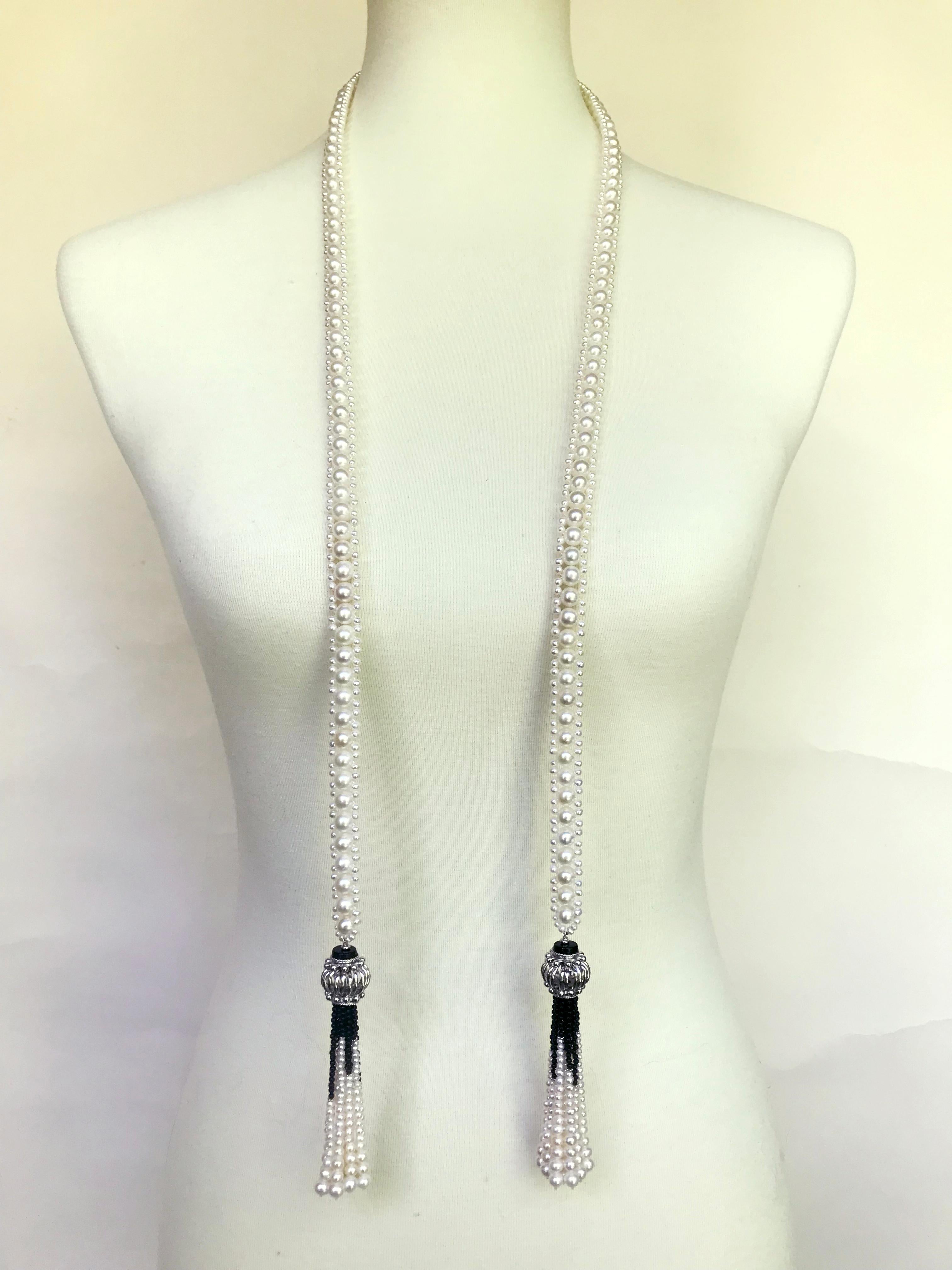 Marina J Woven Pearl and Onyx Sautoir with Silver Bead, Spinel and Pearl Tassels 1