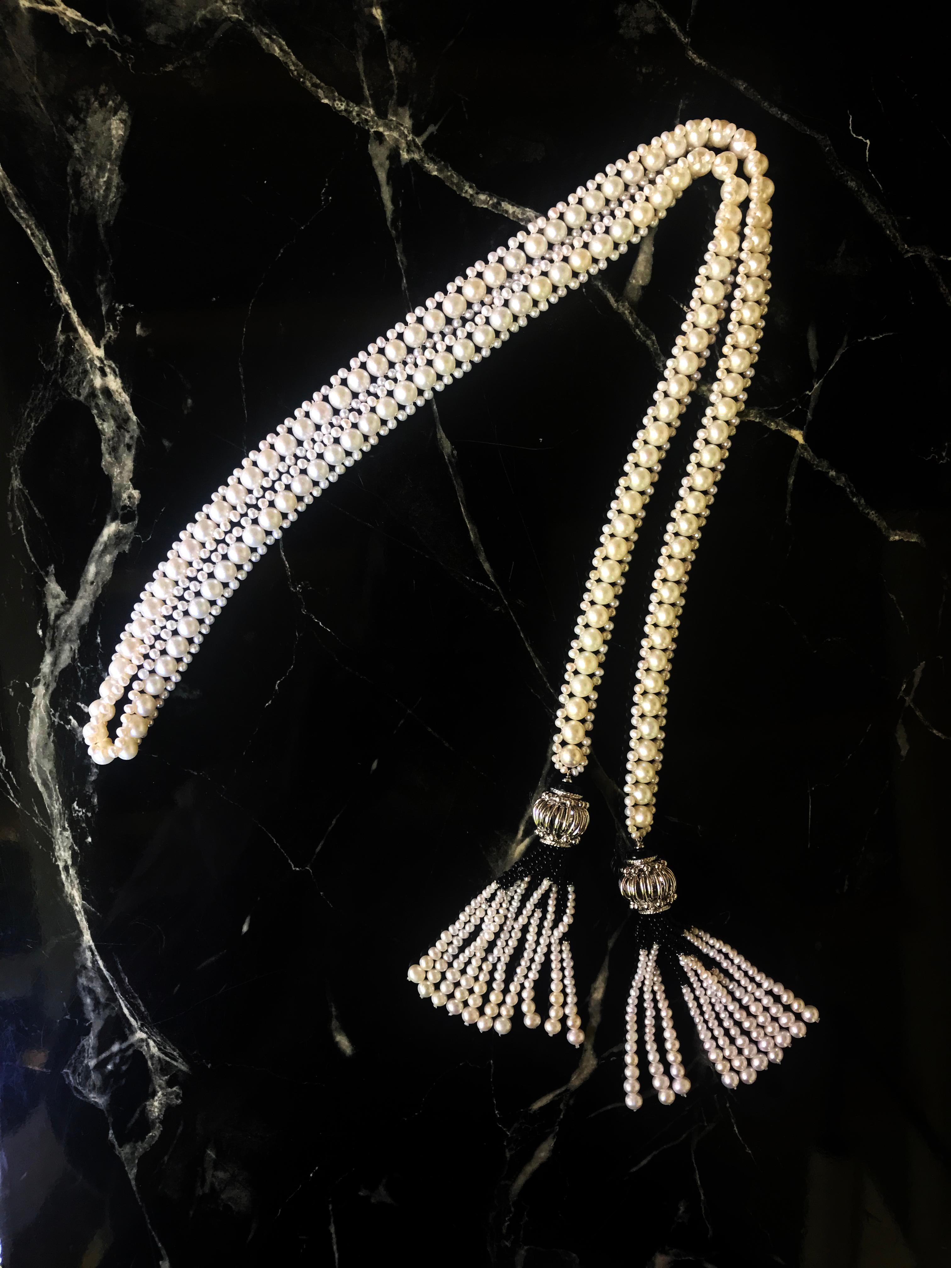 Marina J Woven Pearl and Onyx Sautoir with Silver Bead, Spinel and Pearl Tassels 4