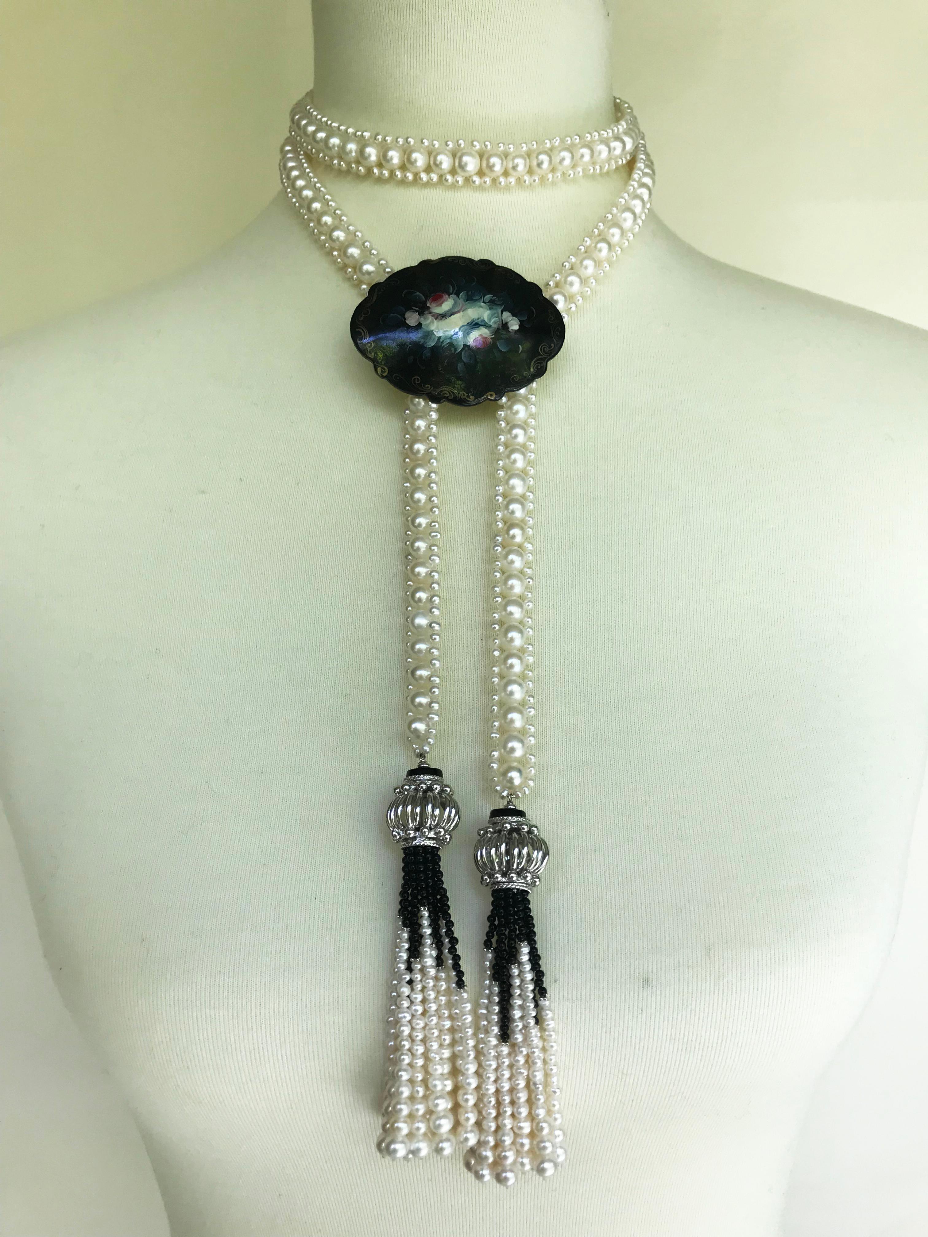 Marina J Woven Pearl and Onyx Sautoir with Silver Bead, Spinel and Pearl Tassels 5