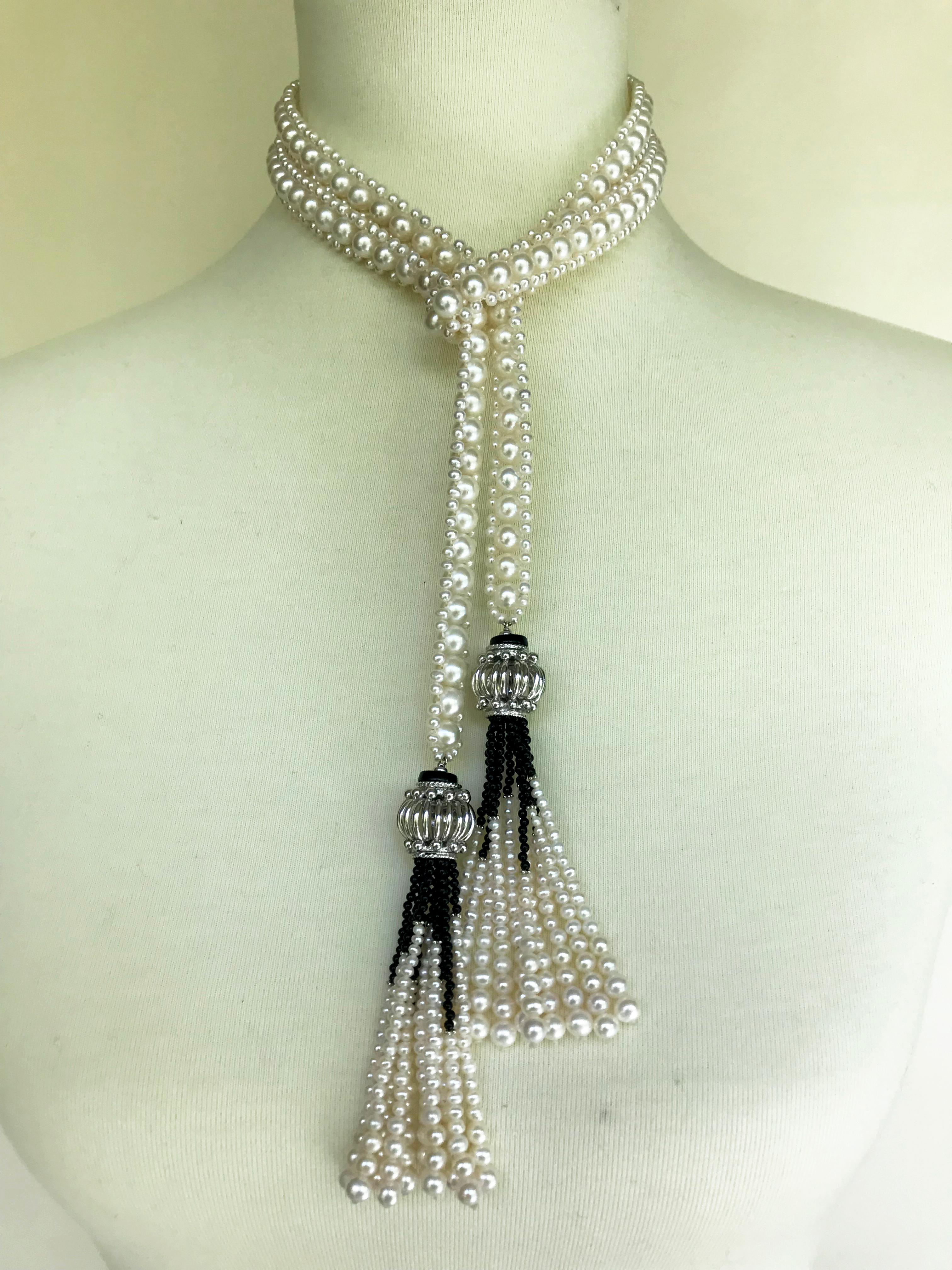 Marina J Woven Pearl and Onyx Sautoir with Silver Bead, Spinel and Pearl Tassels 7