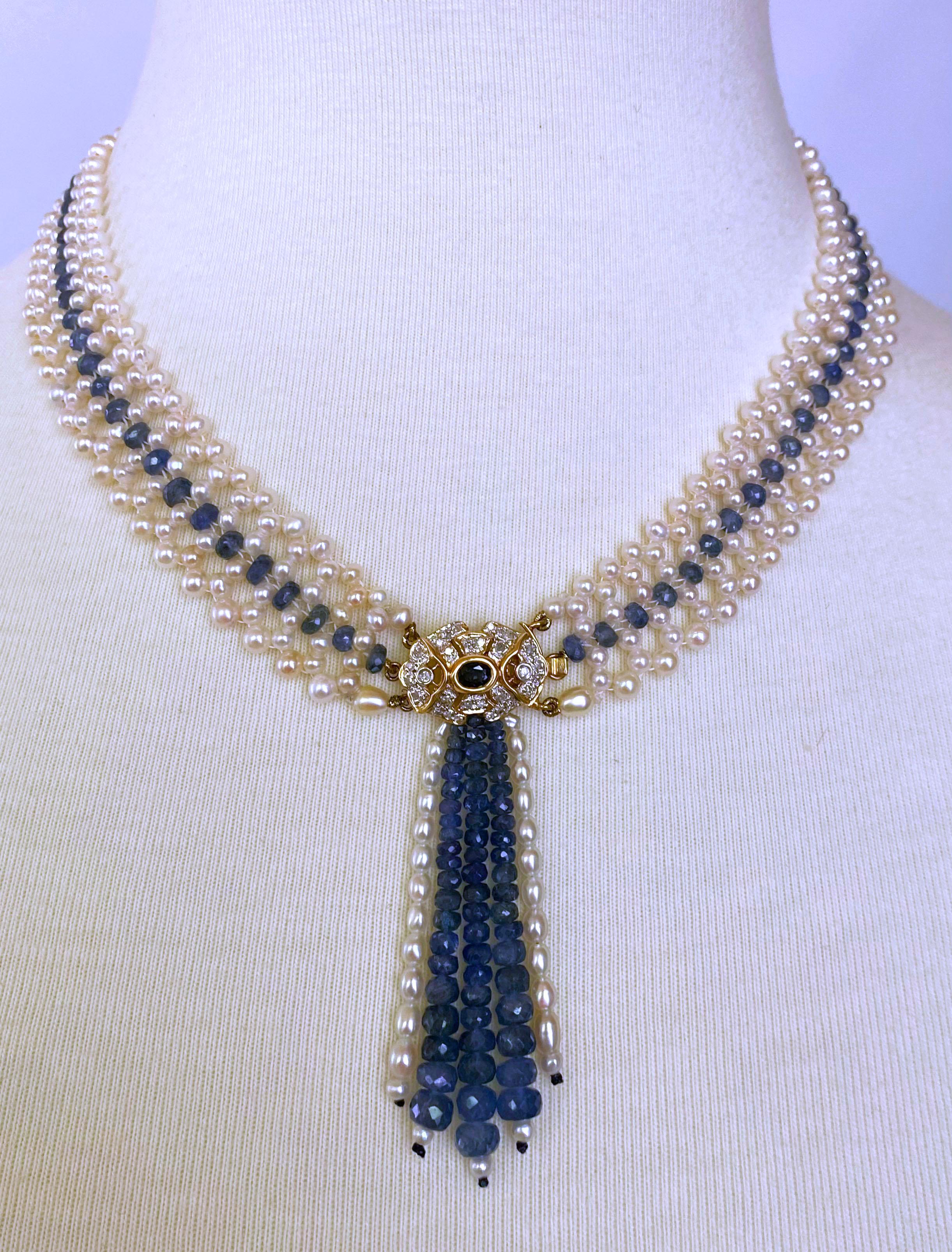Marina J. Woven Pearl and Sapphire Necklace with Diamond Centerpiece & 14K Gold 3