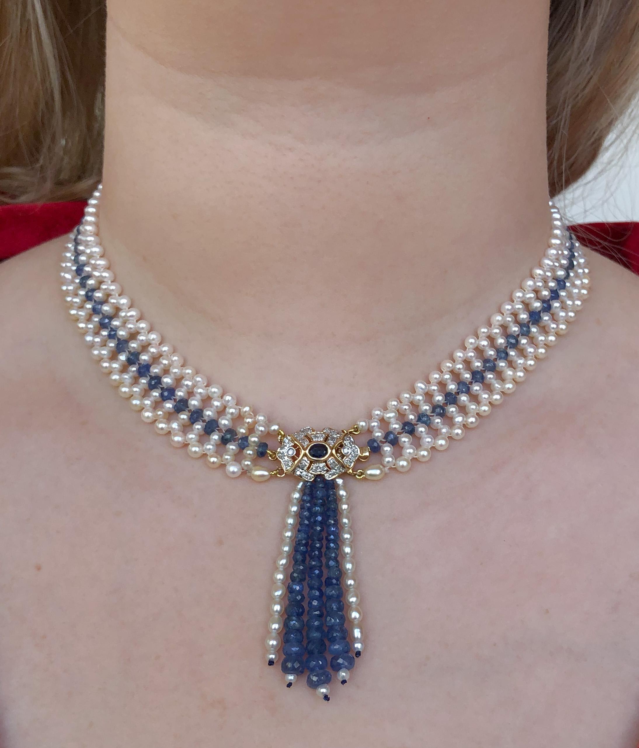 Marina J. Woven Pearl and Sapphire Necklace with Diamond Centerpiece & 14K Gold 4