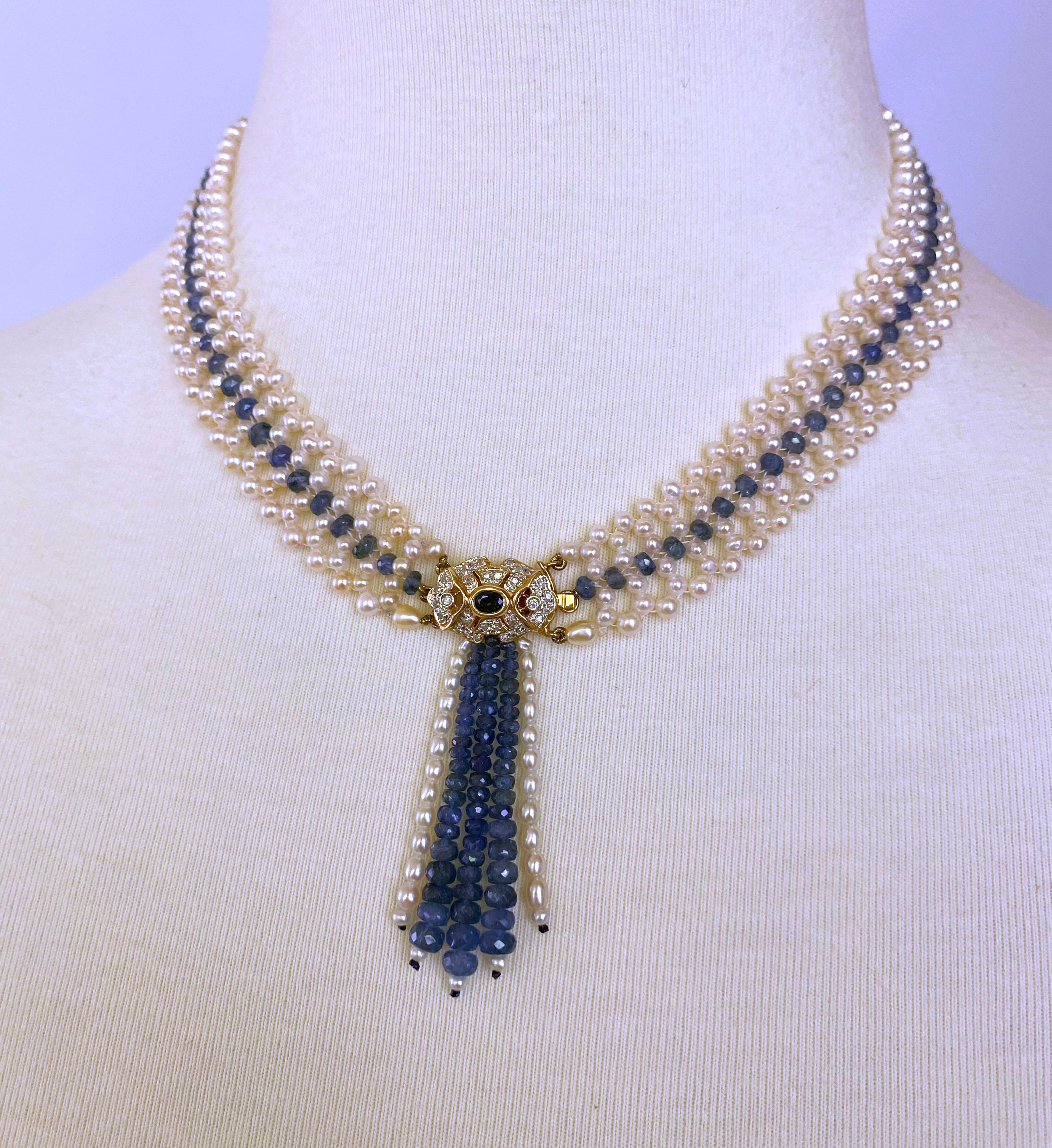 Marina J. Woven Pearl and Sapphire Necklace with Diamond Centerpiece & 14K Gold 5