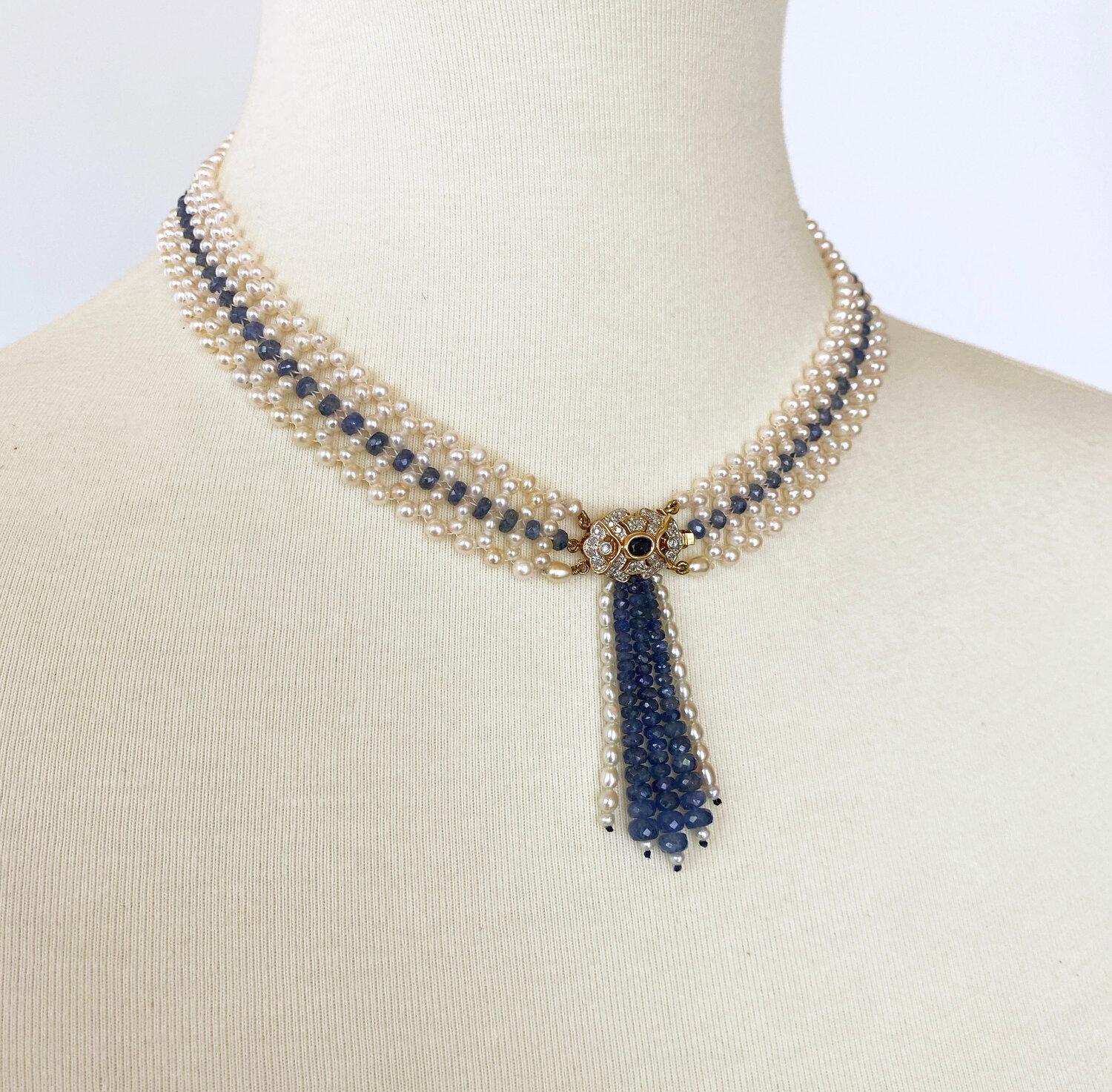 Marina J. Woven Pearl and Sapphire Necklace with Diamond Centerpiece & 14K Gold 6