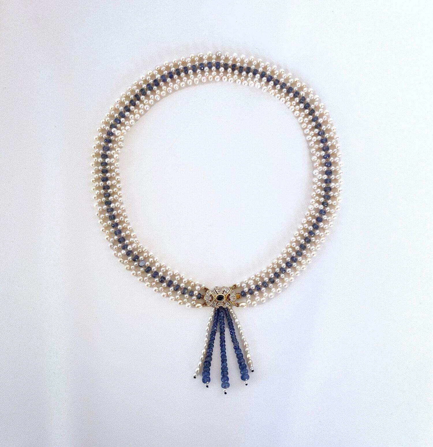 Marina J. Woven Pearl and Sapphire Necklace with Diamond Centerpiece & 14K Gold 7