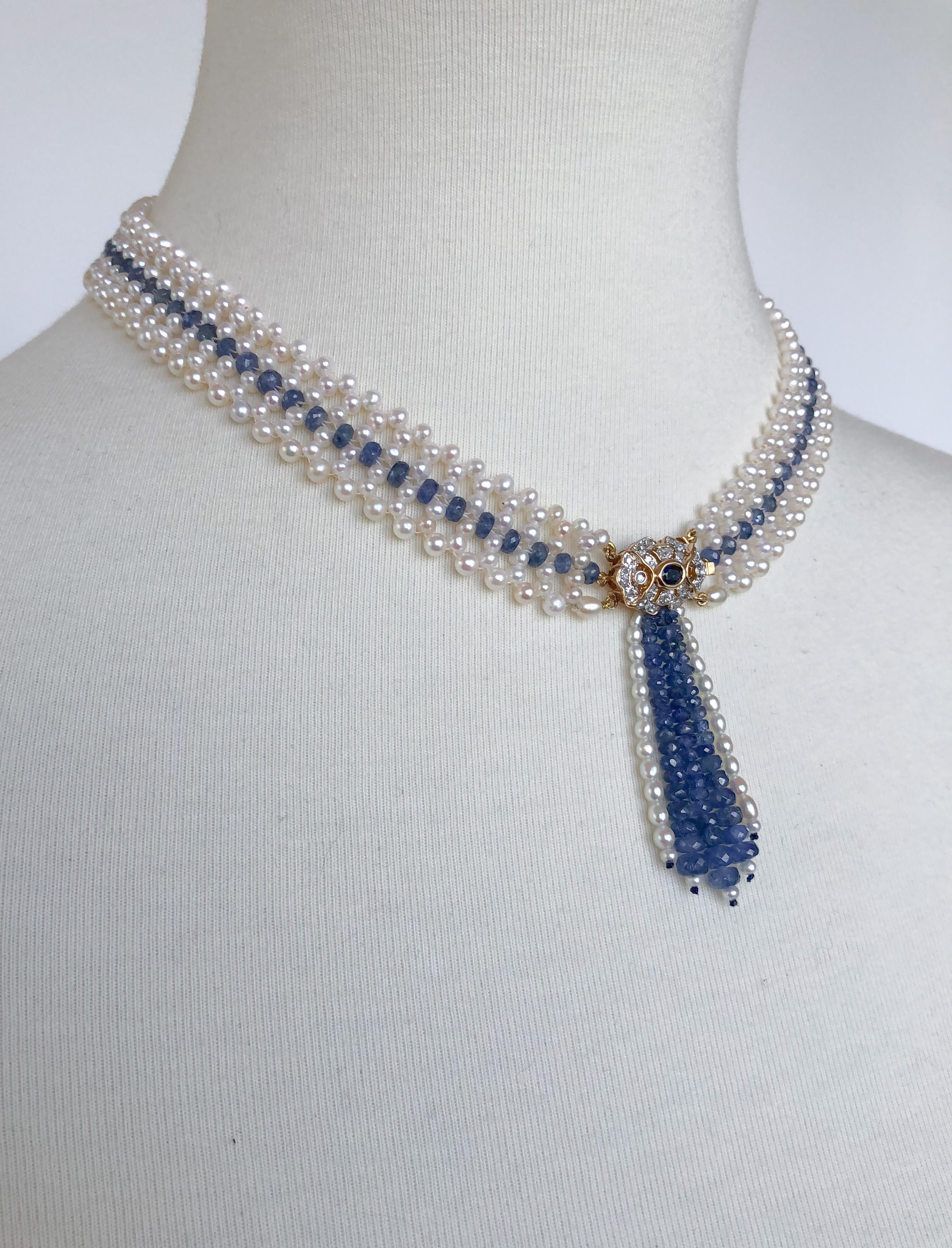 Gorgeous necklace by Marina J.  A beautiful lace like feminine design is hand woven using all Cultured Seed Pearls and Faceted Blue Sapphires creating this amazing infinity necklace. A 14k Yellow Gold Diamond and Sapphire Encrusted Centerpiece sits