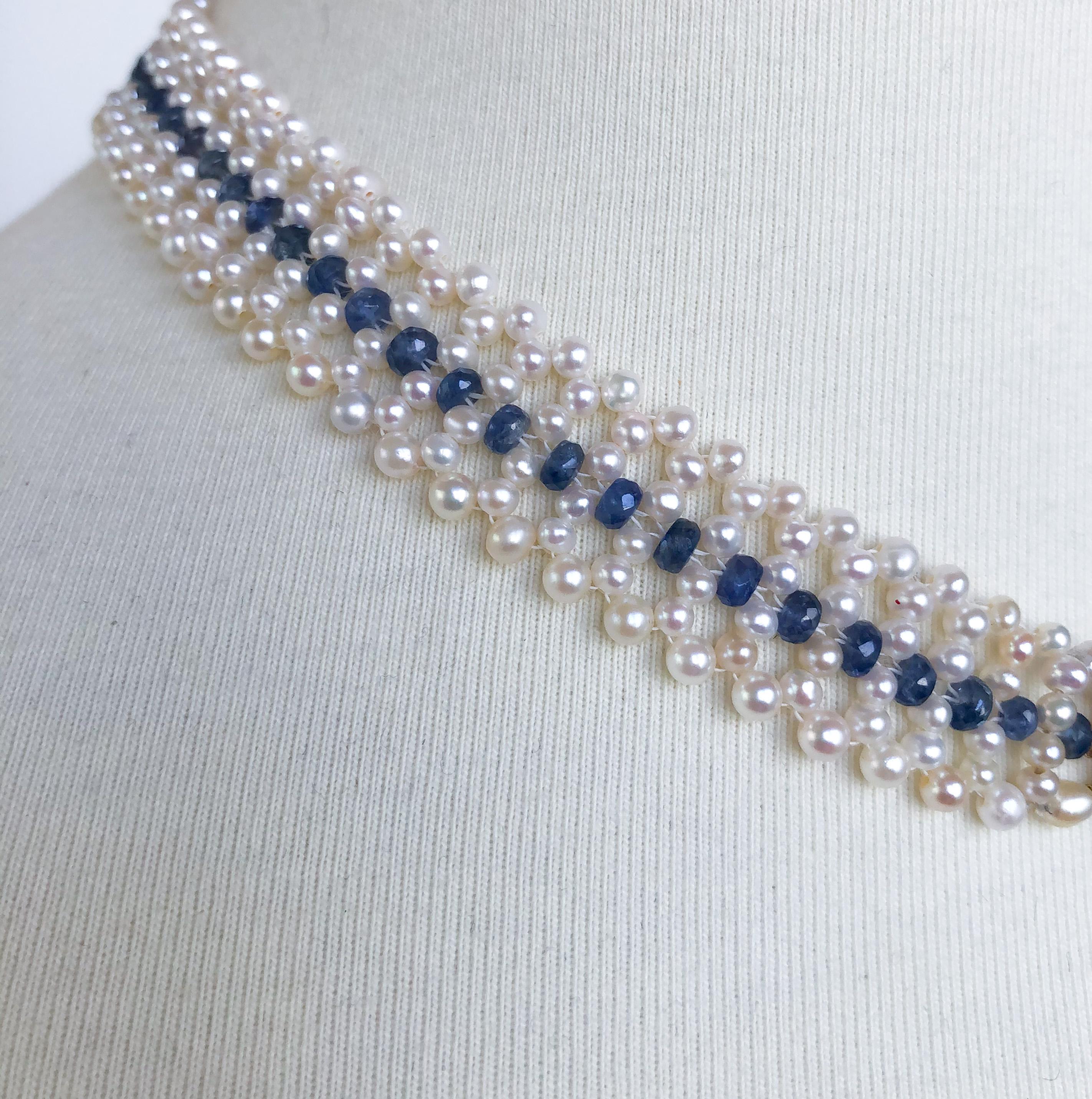 Artisan Marina J. Woven Pearl and Sapphire Necklace with Diamond Centerpiece & 14K Gold