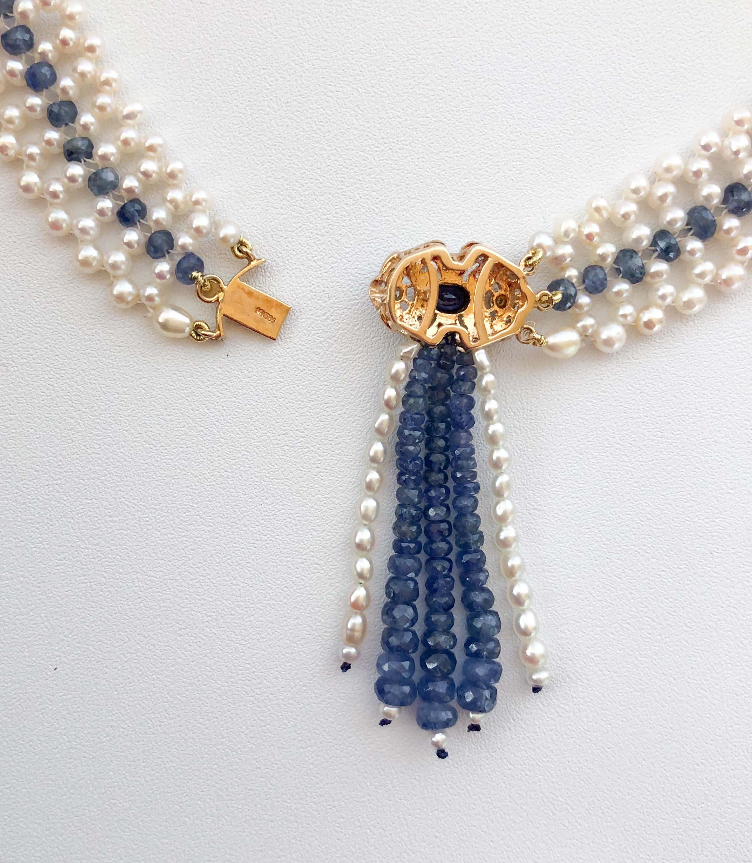 Bead Marina J. Woven Pearl and Sapphire Necklace with Diamond Centerpiece & 14K Gold