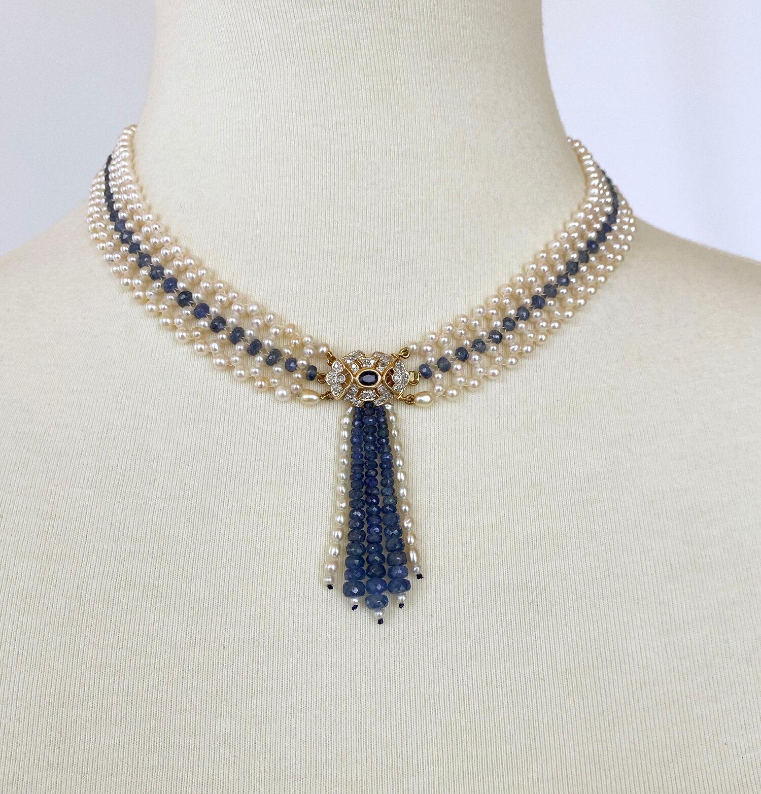 Marina J. Woven Pearl and Sapphire Necklace with Diamond Centerpiece & 14K Gold In New Condition In Los Angeles, CA