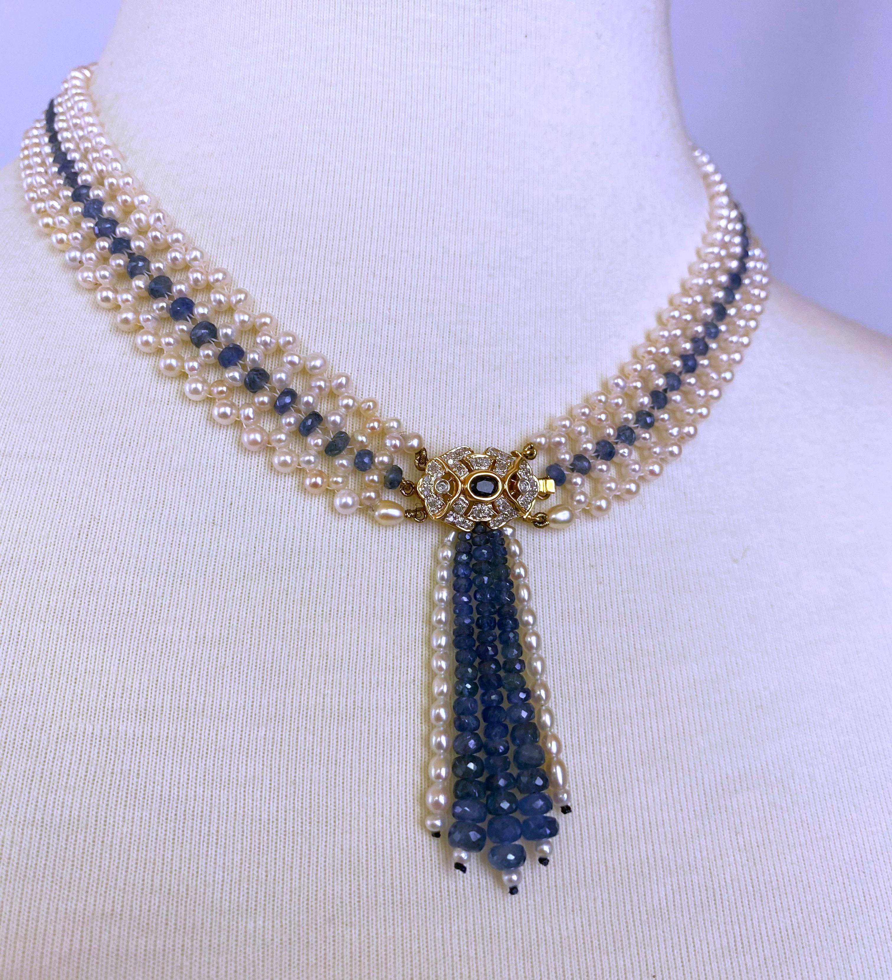 Marina J. Woven Pearl and Sapphire Necklace with Diamond Centerpiece & 14K Gold 1