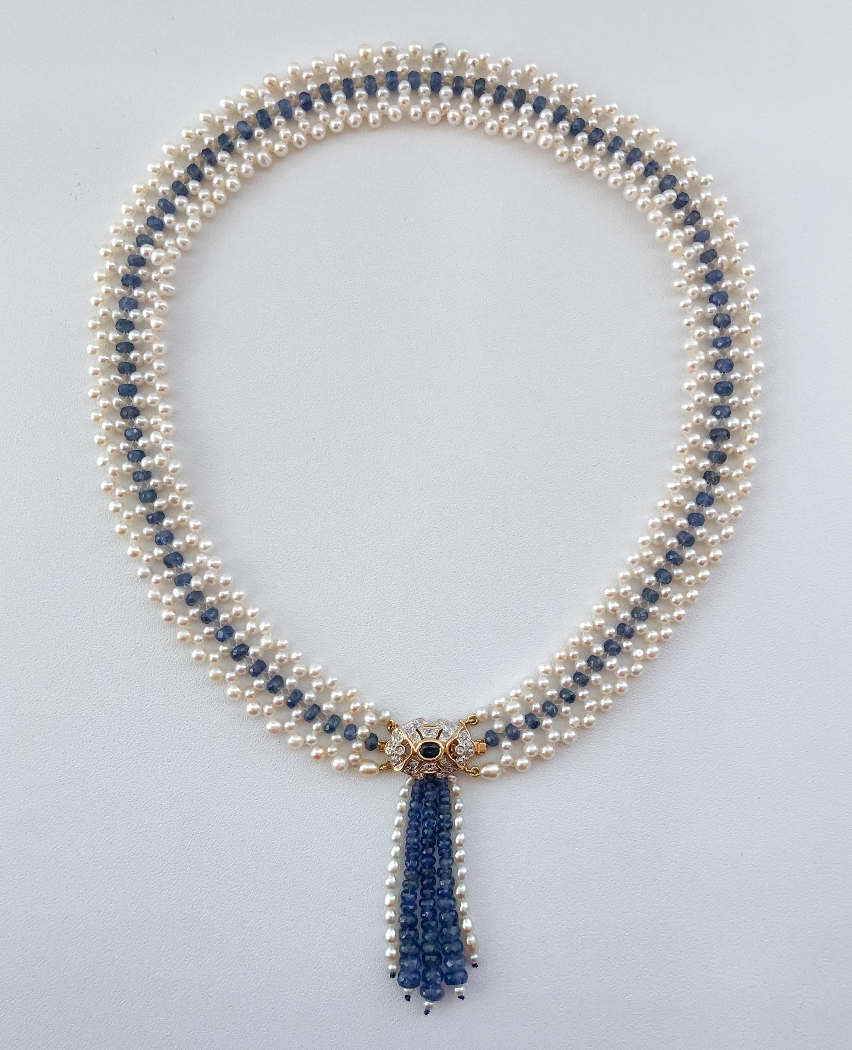 Marina J. Woven Pearl and Sapphire Necklace with Diamond Centerpiece & 14K Gold 2
