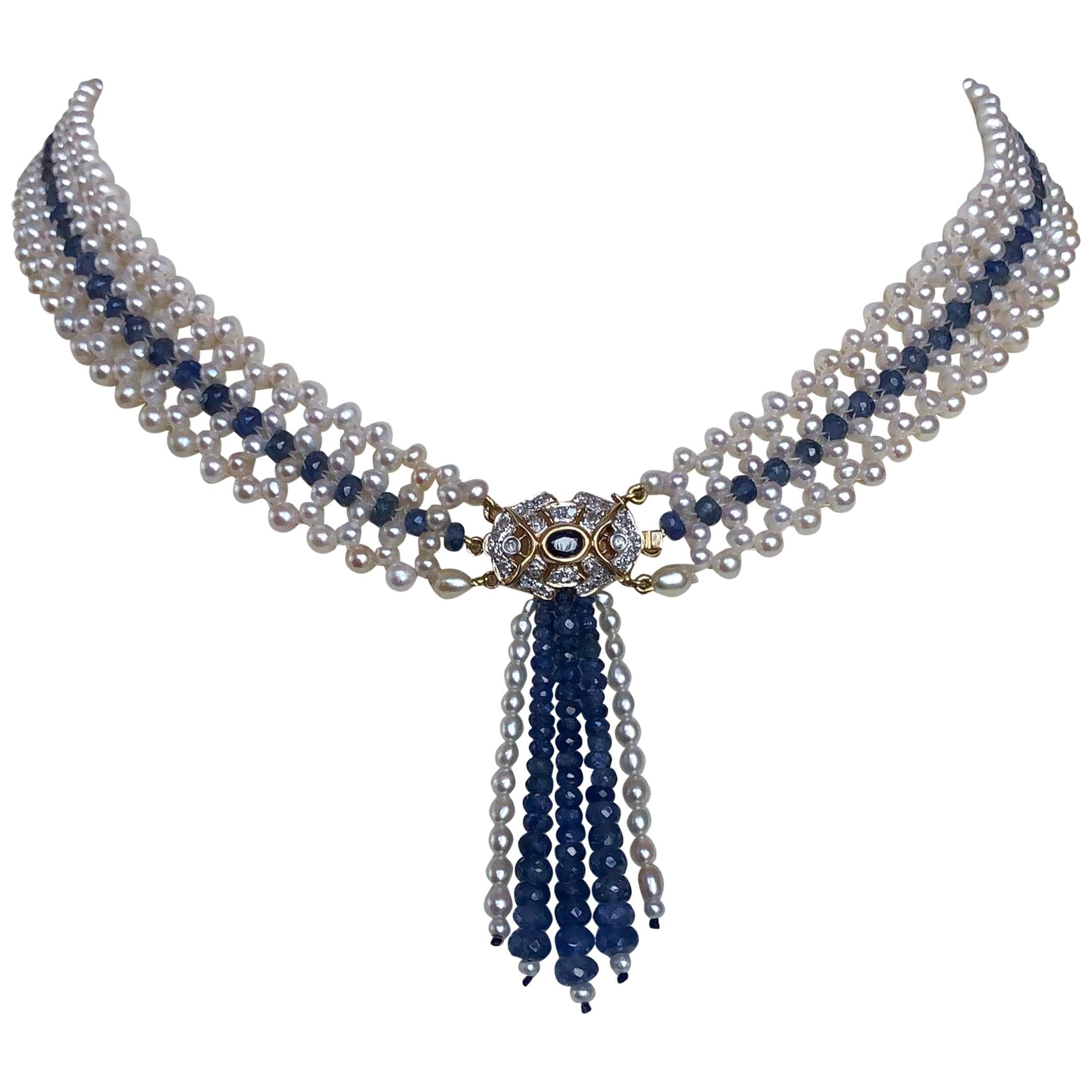 Marina J. Woven Pearl and Sapphire Necklace with Diamond Centerpiece 
14K Gold