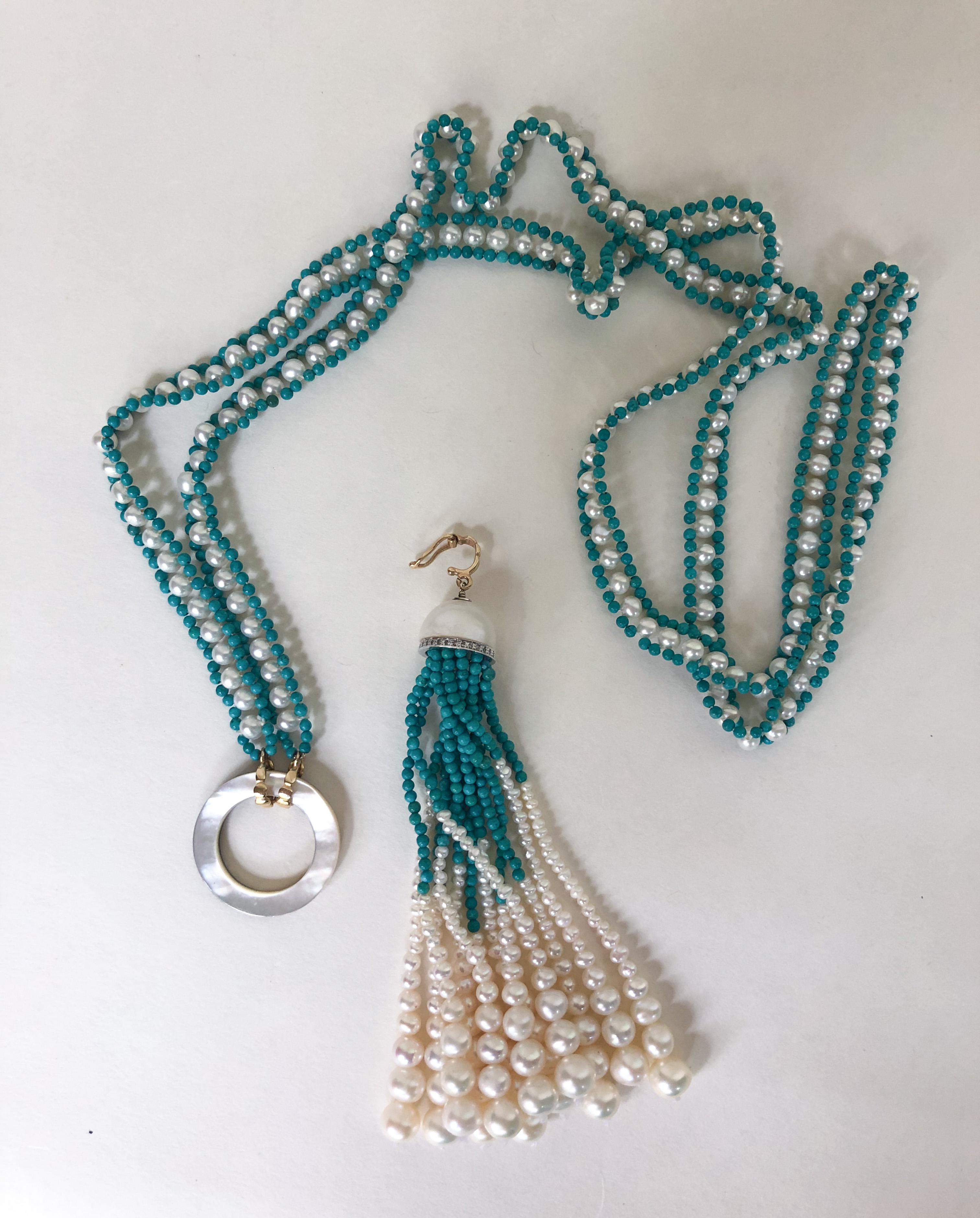 Marina J. Woven Pearl and Turquoise Beaded Sautoir with Graduated Pearl Tassel In New Condition In Los Angeles, CA