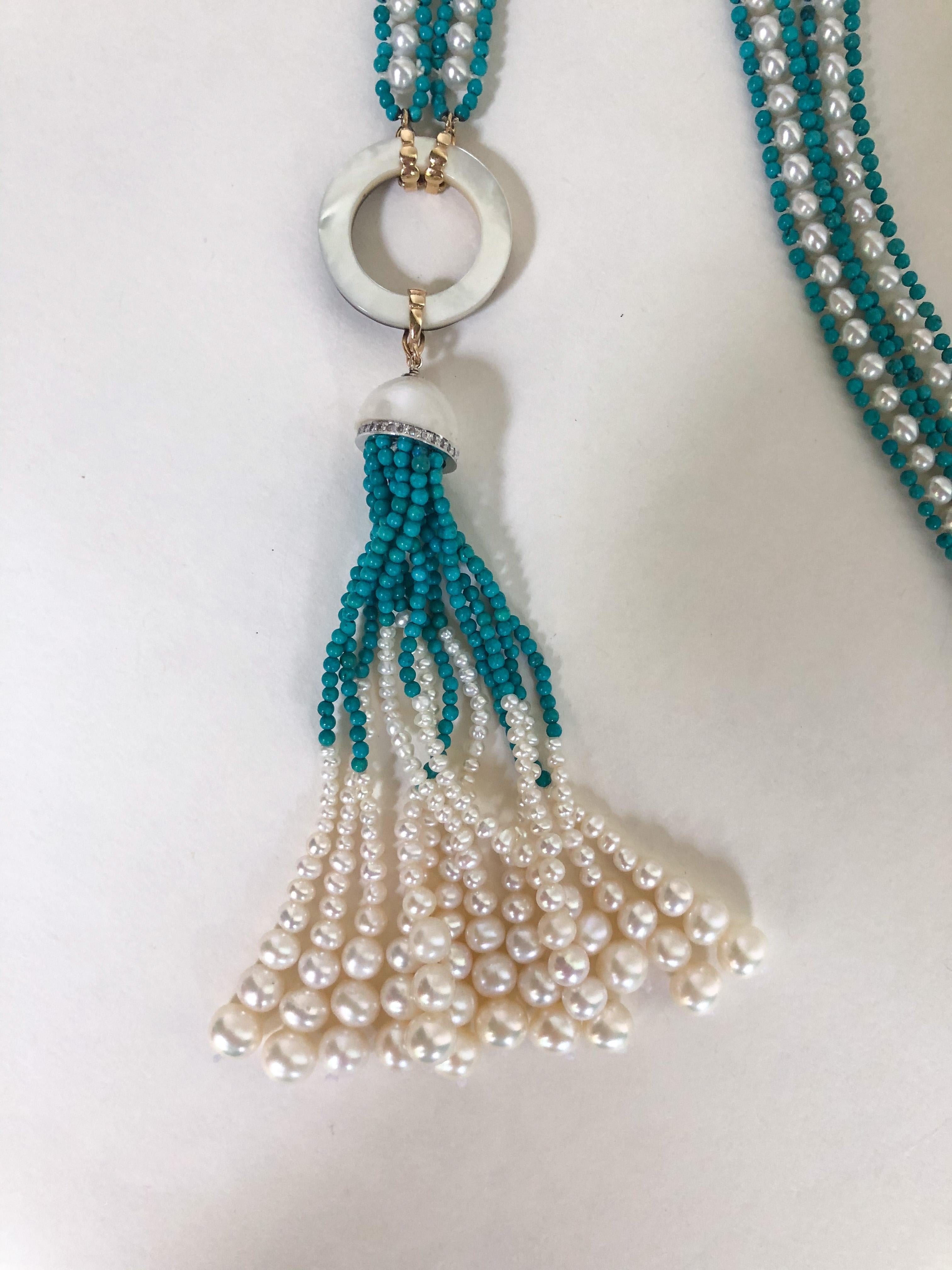 Women's or Men's Marina J. Woven Pearl and Turquoise Beaded Sautoir with Graduated Pearl Tassel