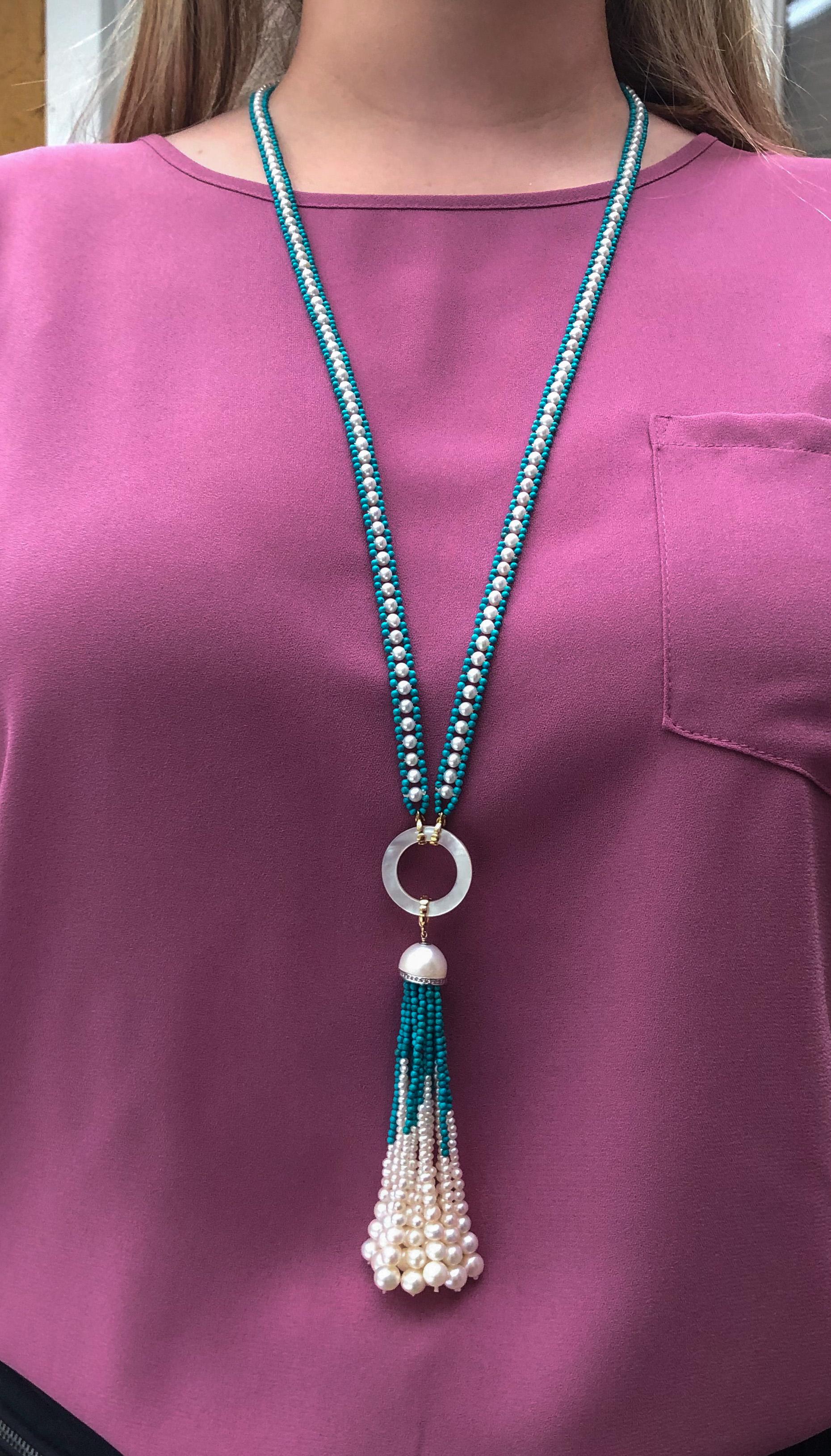 Marina J. Woven Pearl and Turquoise Beaded Sautoir with Graduated Pearl Tassel 1