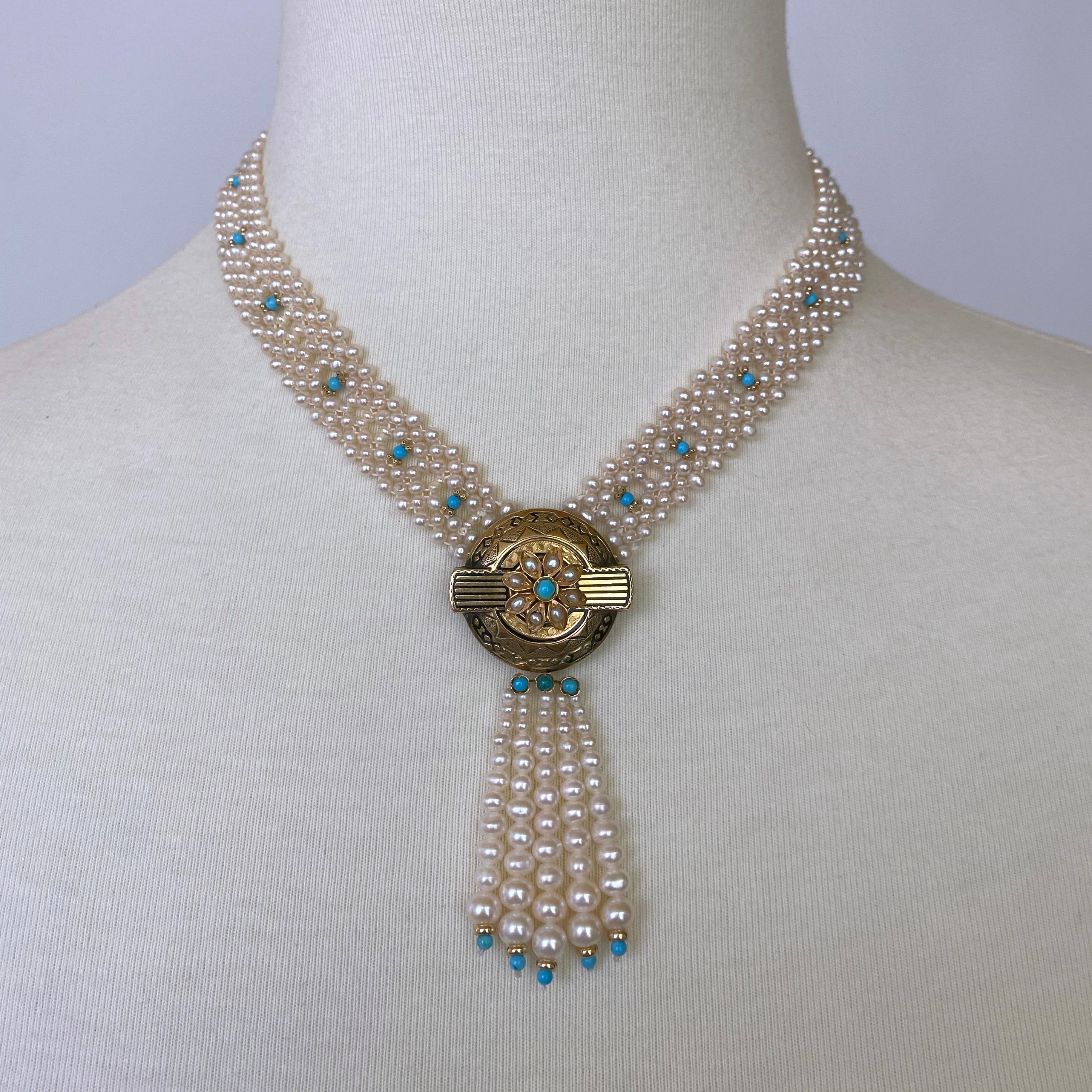 Beautiful and unique piece made by Marina J. This Necklace features a one of a kind Early 20th Century Vintage 14k Yellow Gold Brooch with Pearl and Turquoise detailing that has been reworked into a Centerpiece from which five Graduated strands of